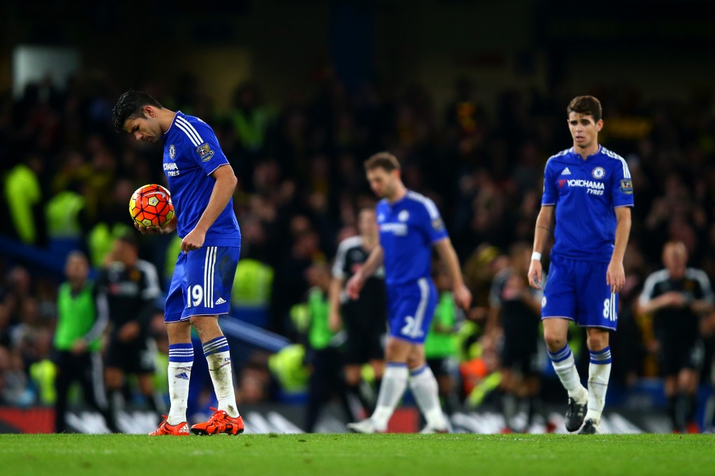 LONDON, ENGLAND - DECEMBER 26: Diego Costa, Branislav Ivanovic and Oscar of Chelsea show their dejection after conceding a goal during the Barclays Premier League match between Chelsea and Watford at Stamford Bridge on December 26, 2015 in London, England. (Photo by Clive Rose/Getty Images)