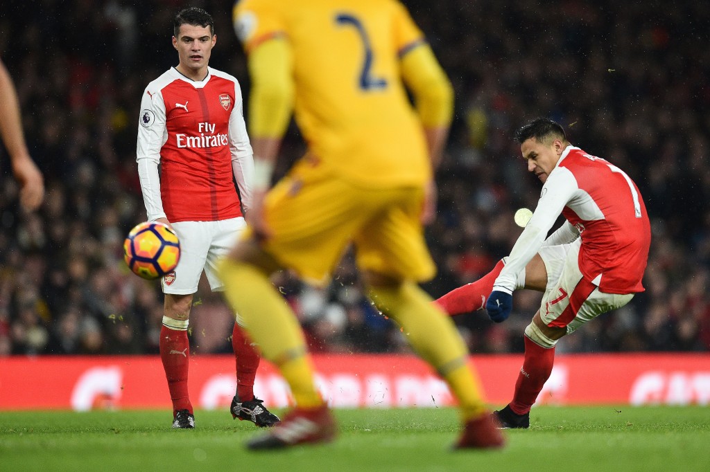Arsenal's Chilean striker Alexis Sanchez takes a freekick during the English Premier League football match between Arsenal and Crystal Palace at the Emirates Stadium in London on January 1, 2017. Arsenal won the match 2-0. / AFP / Glyn KIRK / RESTRICTED TO EDITORIAL USE. No use with unauthorized audio, video, data, fixture lists, club/league logos or 'live' services. Online in-match use limited to 75 images, no video emulation. No use in betting, games or single club/league/player publications. / (Photo credit should read GLYN KIRK/AFP/Getty Images)