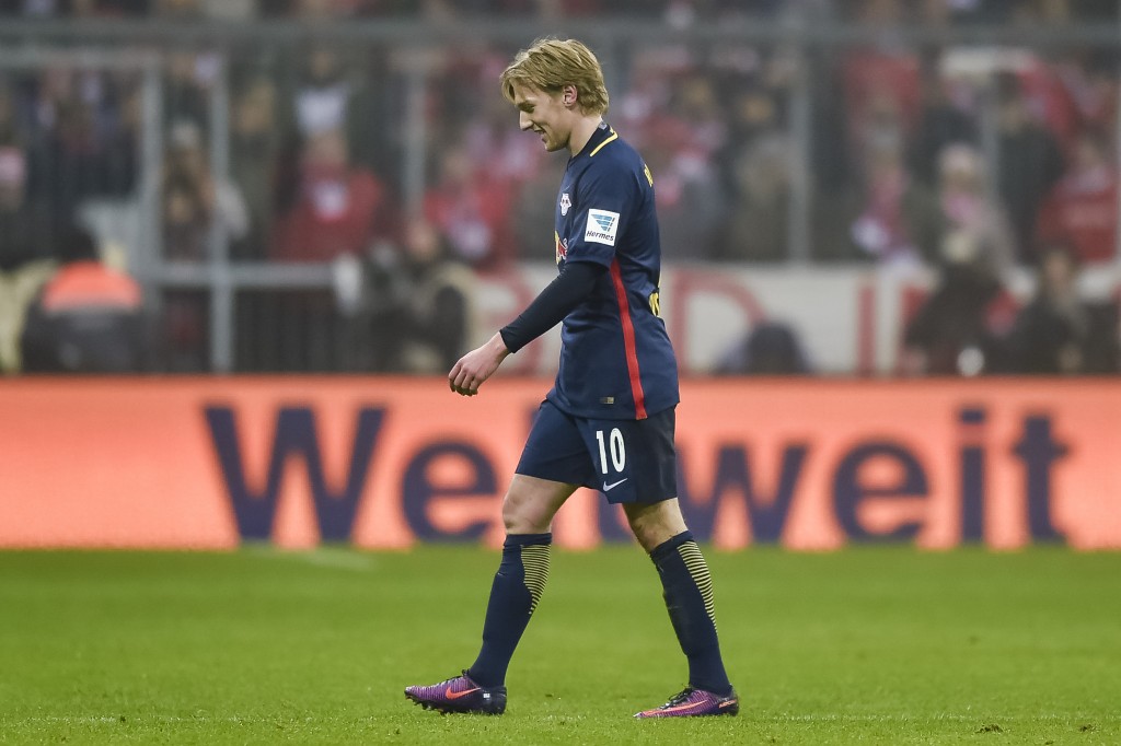 Forsberg saw red at Bayern. Could he soon be wearing the Anfield Red? (Picture Courtesy - AFP/Getty Images)