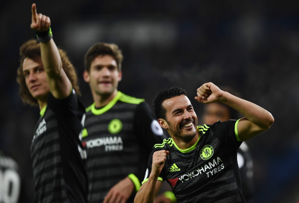 LEICESTER, ENGLAND - JANUARY 14: Pedro (R) of Chelsea celebrates after scoring his team's third goal during the Premier League match between Leicester City and Chelsea at The King Power Stadium on January 14, 2017 in Leicester, England. (Photo by Laurence Griffiths/Getty Images)