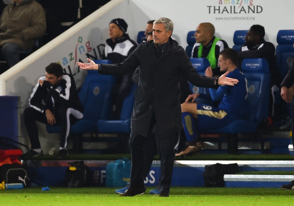LEICESTER, ENGLAND - DECEMBER 14: Jose Mourinho the manager of Chelsea reacts during the Barclays Premier League match between Leicester City and Chelsea at the King Power Stadium on December14, 2015 in Leicester, United Kingdom. (Photo by Laurence Griffiths/Getty Images)