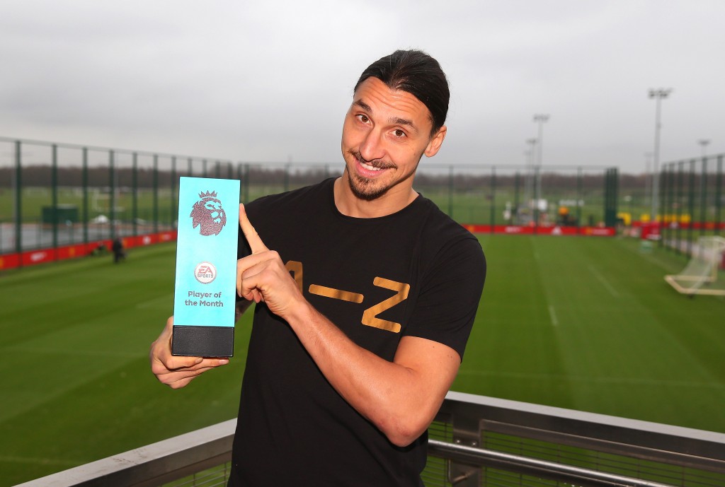 MANCHESTER, ENGLAND - JANUARY 12: Zlatan Ibrahimovic of Manchester United is presented with the EA Premier League Player of the Month Award at Aon Training Complex on January 12, 2017 in Manchester, England. (Photo by Alex Livesey/Getty Images for Premier League)