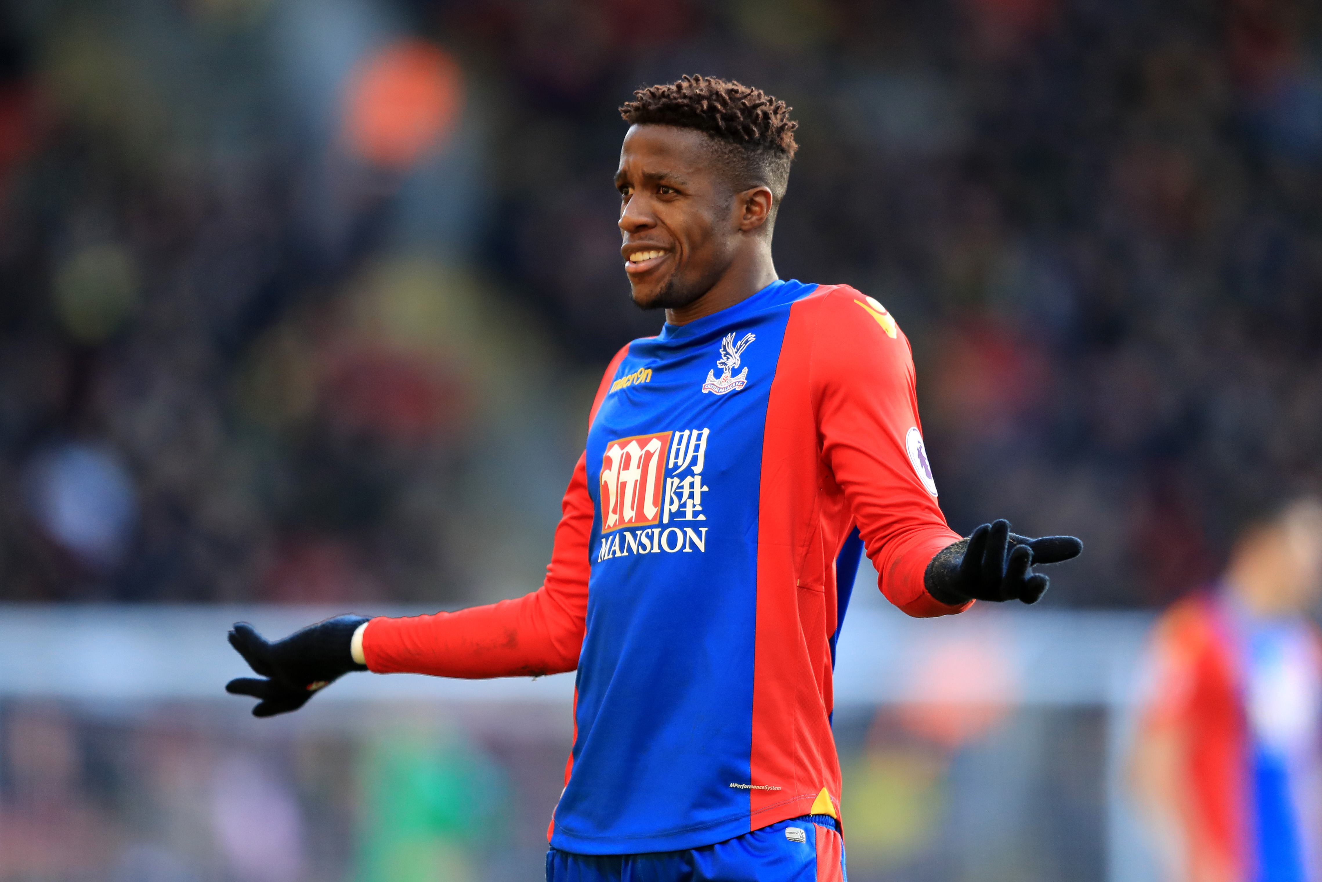 WATFORD, ENGLAND - DECEMBER 26:  Wilfred Zaha of Palace remonstrates with a linesman during the Premier League match between Watford and Crystal Palace at Vicarage Road on December 26, 2016 in Watford, England.  (Photo by Richard Heathcote/Getty Images)