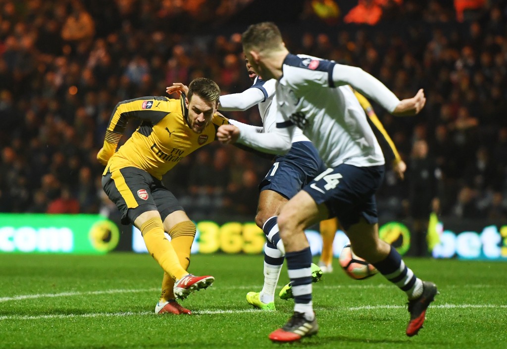PRESTON, ENGLAND - JANUARY 07:  Aaron Ramsey of Arsenal scores a goal to level the scores at 1-1 during the Emirates FA Cup Third Round match between Preston North End and Arsenal at Deepdale on January 7, 2017 in Preston, England.  (Photo by Michael Regan/Getty Images)
