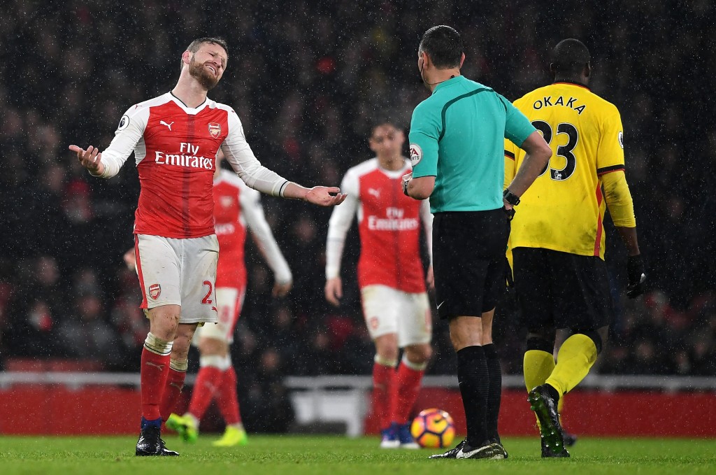 LONDON, ENGLAND - JANUARY 31: Shkodran Mustafi of Arsenal appeals to Referee Andre Marriner during the Premier League match between Arsenal and Watford at Emirates Stadium on January 31, 2017 in London, England. (Photo by Shaun Botterill/Getty Images)