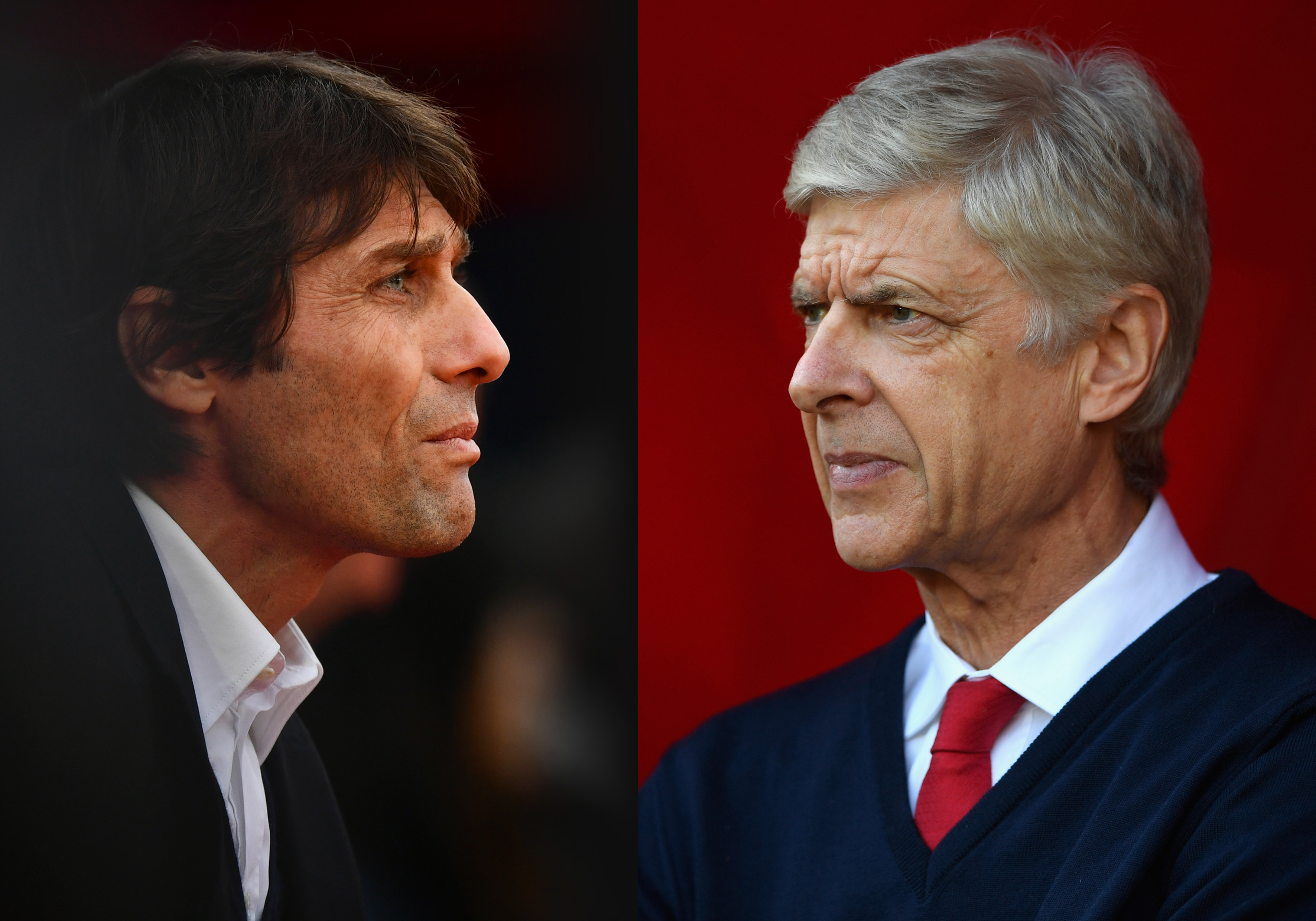 FILE PHOTO (EDITORS NOTE: COMPOSITE OF TWO IMAGES - Image numbers (L) 630131844 and 619019694) In this composite image a comparision has been made between Antonio Conte, Manager of Chelsea (L) and Arsene Wenger, Manager of Arsenal. Chelsea and Arsenal meet in the Premier League on February 4, 2017 at Stamford Bridge in London. ***LEFT IMAGE*** LONDON, ENGLAND - DECEMBER 17: Antonio Conte, Manager of Chelsea looks on during the Premier League match between Crystal Palace and Chelsea at Selhurst Park on December 17, 2016 in London, England. (Photo by Dan Mullan/Getty Images) ***RIGHT IMAGE*** SUNDERLAND, ENGLAND - OCTOBER 29: Arsenal manager Arsene Wenger looks on before the Premier League match between Sunderland and Arsenal at Stadium of Light on October 29, 2016 in Sunderland, England. (Photo by Stu Forster/Getty Images)