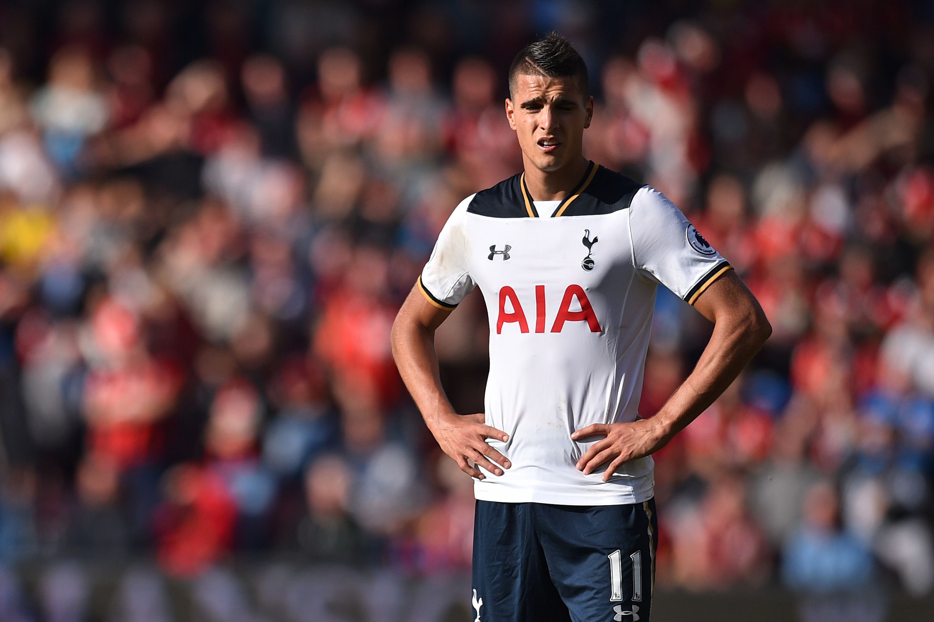 Tottenham Hotspur's Argentinian midfielder Erik Lamela reacts at the final whistle in the English Premier League football match between Bournemouth and Tottenham Hotspur at the Vitality Stadium in Bournemouth, southern England on October 22, 2016.
The game ended 0-0. / AFP / Glyn KIRK / RESTRICTED TO EDITORIAL USE. No use with unauthorized audio, video, data, fixture lists, club/league logos or 'live' services. Online in-match use limited to 75 images, no video emulation. No use in betting, games or single club/league/player publications.  /         (Photo credit should read GLYN KIRK/AFP/Getty Images)