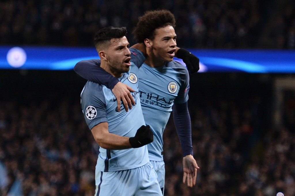 Manchester City's Argentinian striker Sergio Aguero (L) celebrates scoring their second goal with Manchester City's German midfielder Leroy Sane (R) during the UEFA Champions League Round of 16 first-leg football match between Manchester City and Monaco at the Etihad Stadium in Manchester, north west England on February 21, 2017. / AFP / Oli SCARFF (Photo credit should read OLI SCARFF/AFP/Getty Images)