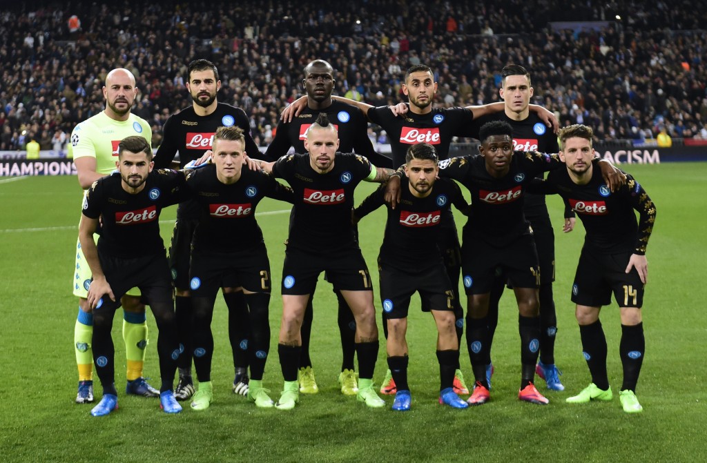 (Top L-R) Napoli's goalkeeper from Spain Pepe Reina, Napoli's defender from Spain Raul Albiol, Napoli's defender from France Kalidou Koulibaly, Napoli's defender from Algeria Faouzi Ghoulam, Napoli's midfielder from Spain Jose Maria Callejon (bottom L-R) Napoli's defender from Albania Elseid Hysaj, Napoli's midfielder from Poland Piotr Zielinski, Napoli's midfielder from Slovakia Marek Hamsik, Napoli's midfielder Lorenzo Insigne, Napoli's midfielder from Guinea Amadou Diawara and Napoli's forward from Belgium Dries Mertens pose before the UEFA Champions League round of 16 first leg football match Real Madrid CF vs SSC Napoli at Santiago Bernabeu stadium in Madrid on February 15, 2017. / AFP / PIERRE-PHILIPPE MARCOU (Photo credit should read PIERRE-PHILIPPE MARCOU/AFP/Getty Images)
