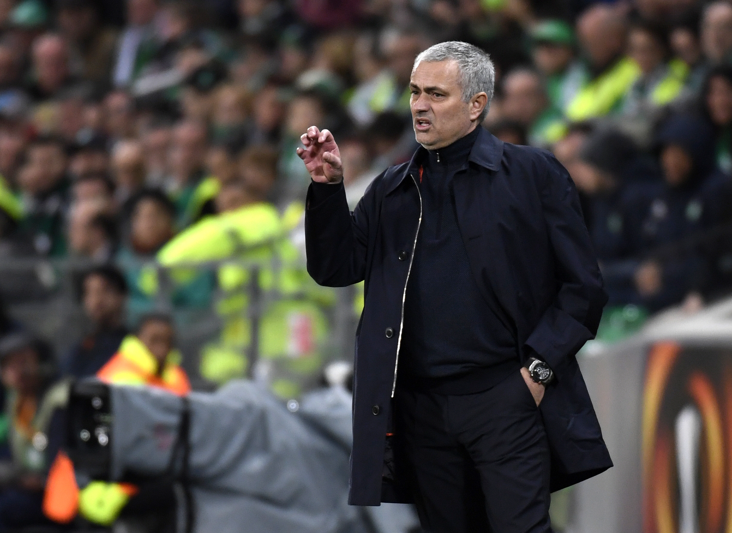 Manchester United's Portuguese coach Jose Mourinho gestures during the UEFA Europa League football match between AS Saint-Etienne and Manchester United on February 22, 2017, at the Geoffroy Guichard stadium in Saint-Etienne, central France. / AFP / PHILIPPE DESMAZES (Photo credit should read PHILIPPE DESMAZES/AFP/Getty Images)