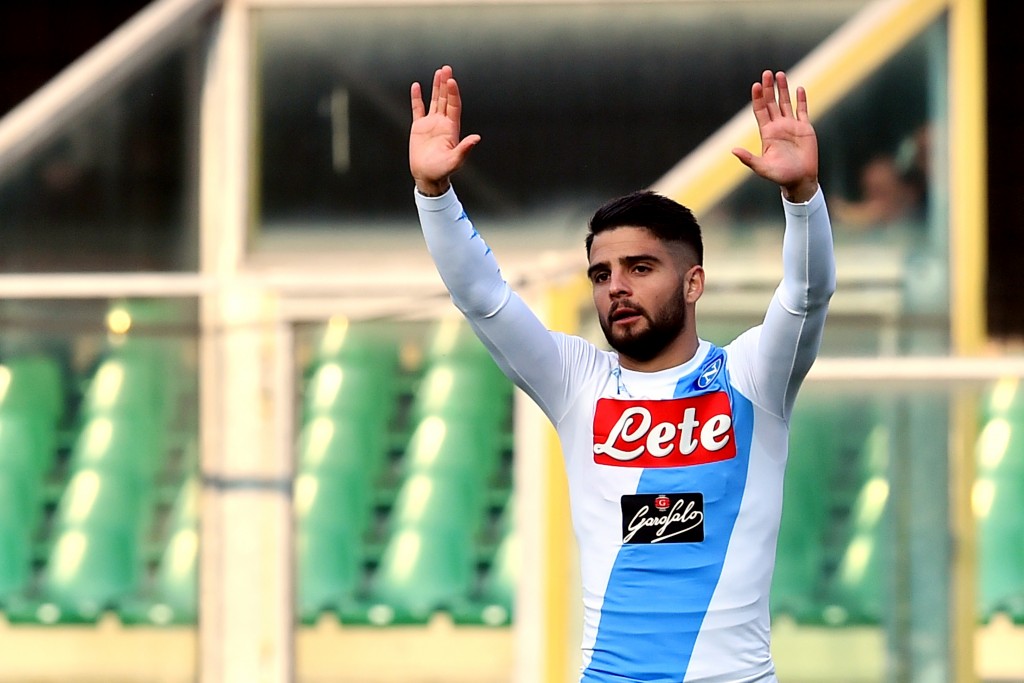 Napoli's midfielder from Italy Lorenzo Insigne gestures during the Italian Serie A football match Chievo vs Napoli at "Bentegodi Stadium" in Verona on February 19, 2017. / AFP / GIUSEPPE CACACE (Photo credit should read GIUSEPPE CACACE/AFP/Getty Images)