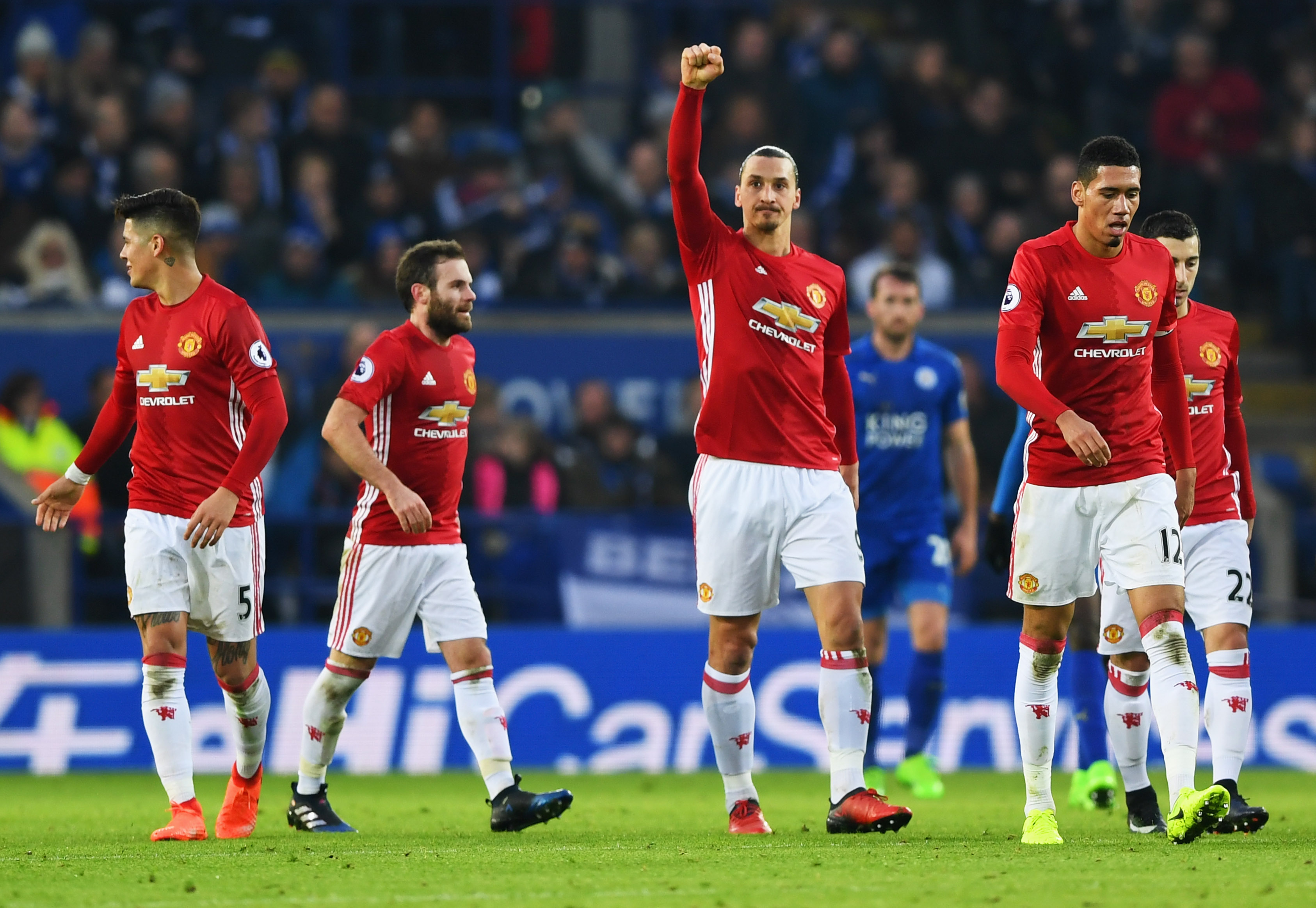 LEICESTER, ENGLAND - FEBRUARY 05: Zlatan Ibrahimovic of Manchester United (C) celebrates with team mates as he scores their second goal during the Premier League match between Leicester City and Manchester United at The King Power Stadium on February 5, 2017 in Leicester, England. (Photo by Shaun Botterill/Getty Images)
