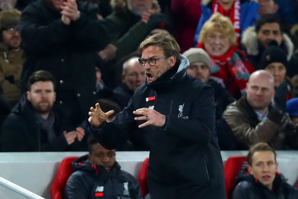 LIVERPOOL, ENGLAND - FEBRUARY 11: Jurgen Klopp, Manager of Liverpool reacts during the Premier League match between Liverpool and Tottenham Hotspur at Anfield on February 11, 2017 in Liverpool, England. (Photo by Clive Brunskill/Getty Images)