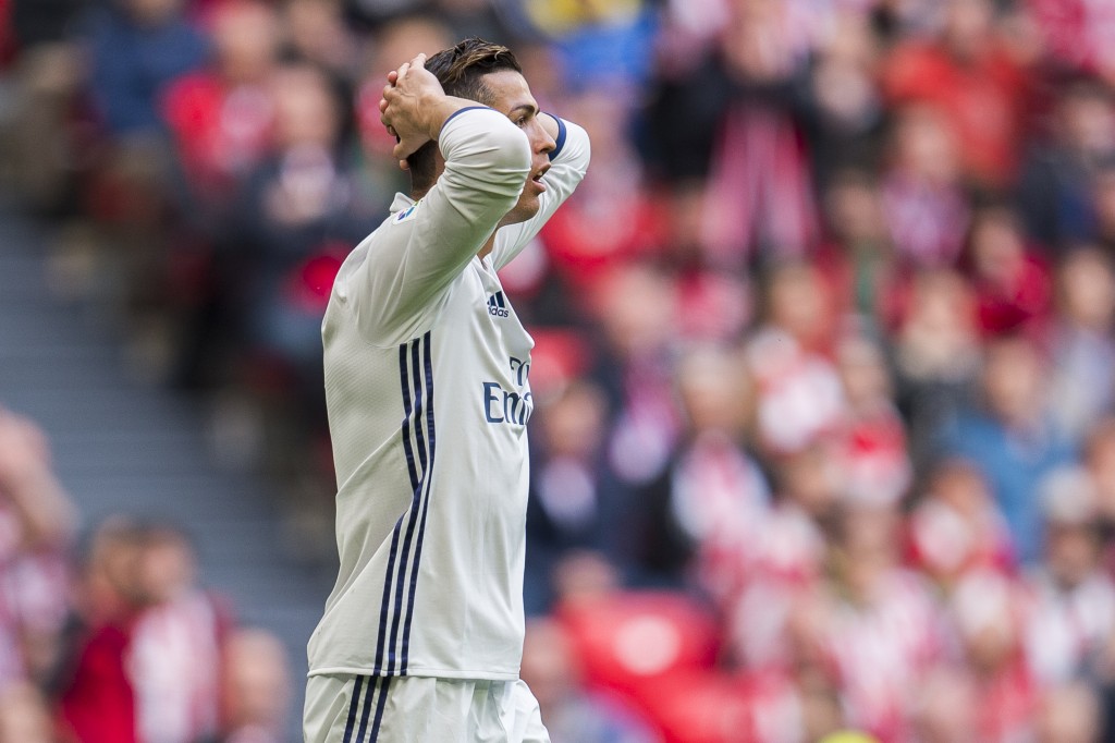 BILBAO, SPAIN - MARCH 18: Cristiano Ronaldo of Real Madrid reacts during the La Liga match between Athletic Club Bilbao and Real Madrid at San Mames Stadium on March 18, 2017 in Bilbao, Spain. (Photo by Juan Manuel Serrano Arce/Getty Images)