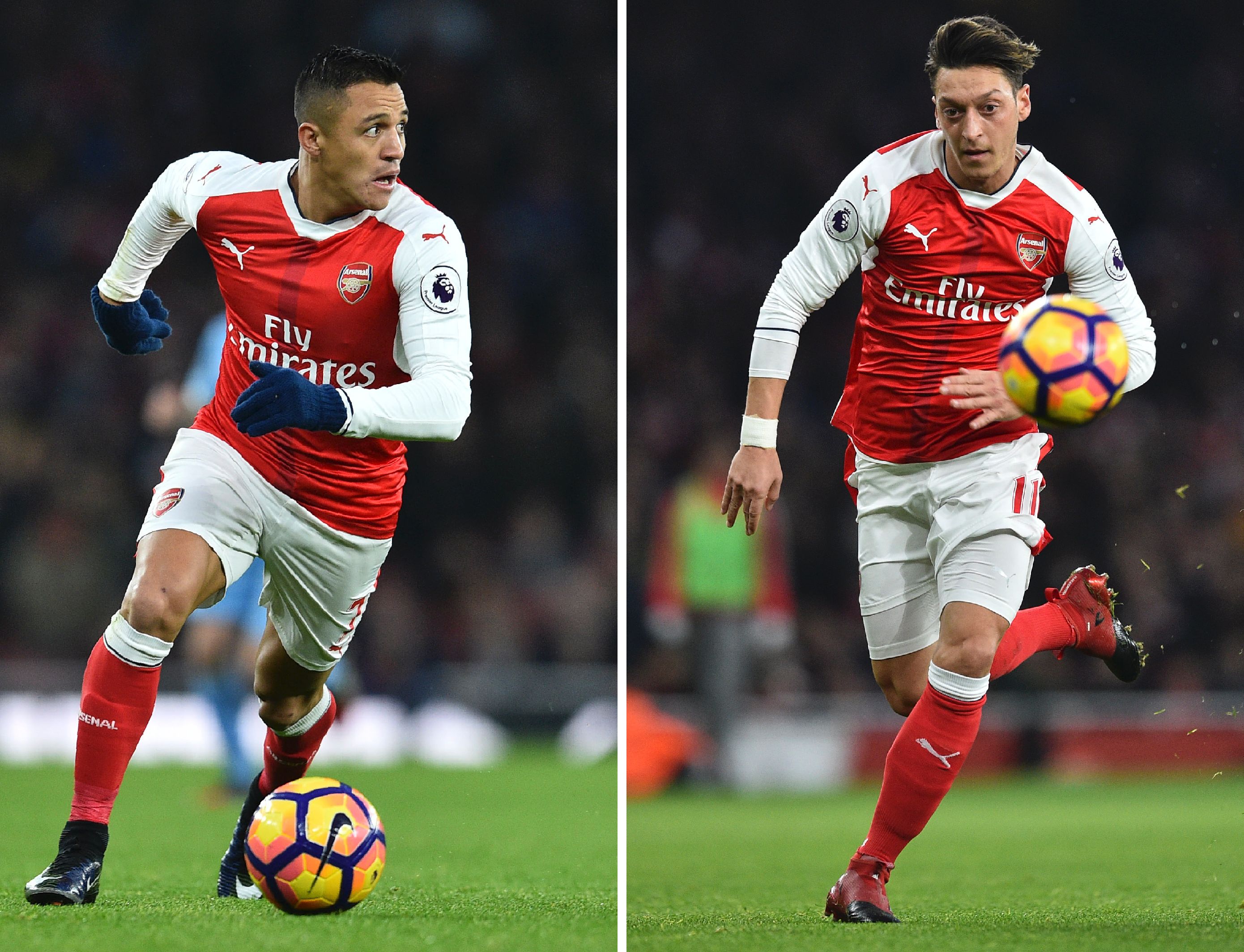 A combination of pictures created in London on January 29, 2017 shows Arsenal's Chilean striker Alexis Sanchez (L) running with the ball during the English Premier League football match between Arsenal and Stoke City at the Emirates Stadium in London on December 10, 2016 and Arsenal's German midfielder Mesut Ozil (R) running for the ball during the same match. 
The Premier League's star imports are demanding huge pay rises as clubs' TV revenues rocket, Chinese teams entice them with mega wages -- and the pound slumps ahead of Brexit. Some players have secured bumper increases but Arsenal have yet to meet the demands of Mesut Ozil and Alexis Sanchez. Reports suggest World Cup winner Ozil and Sanchez, twice winner of the Copa America, each want around £250,000 per week as they also factor in the cost of converting pounds into their native currencies.
 / AFP / Glyn KIRK / RESTRICTED TO EDITORIAL USE. No use with unauthorized audio, video, data, fixture lists, club/league logos or 'live' services. Online in-match use limited to 75 images, no video emulation. No use in betting, games or single club/league/player publications.  / TO GO WITH AFP STORY BY BEN PERRY AND PIRATE IRWIN        (Photo credit should read GLYN KIRK/AFP/Getty Images)