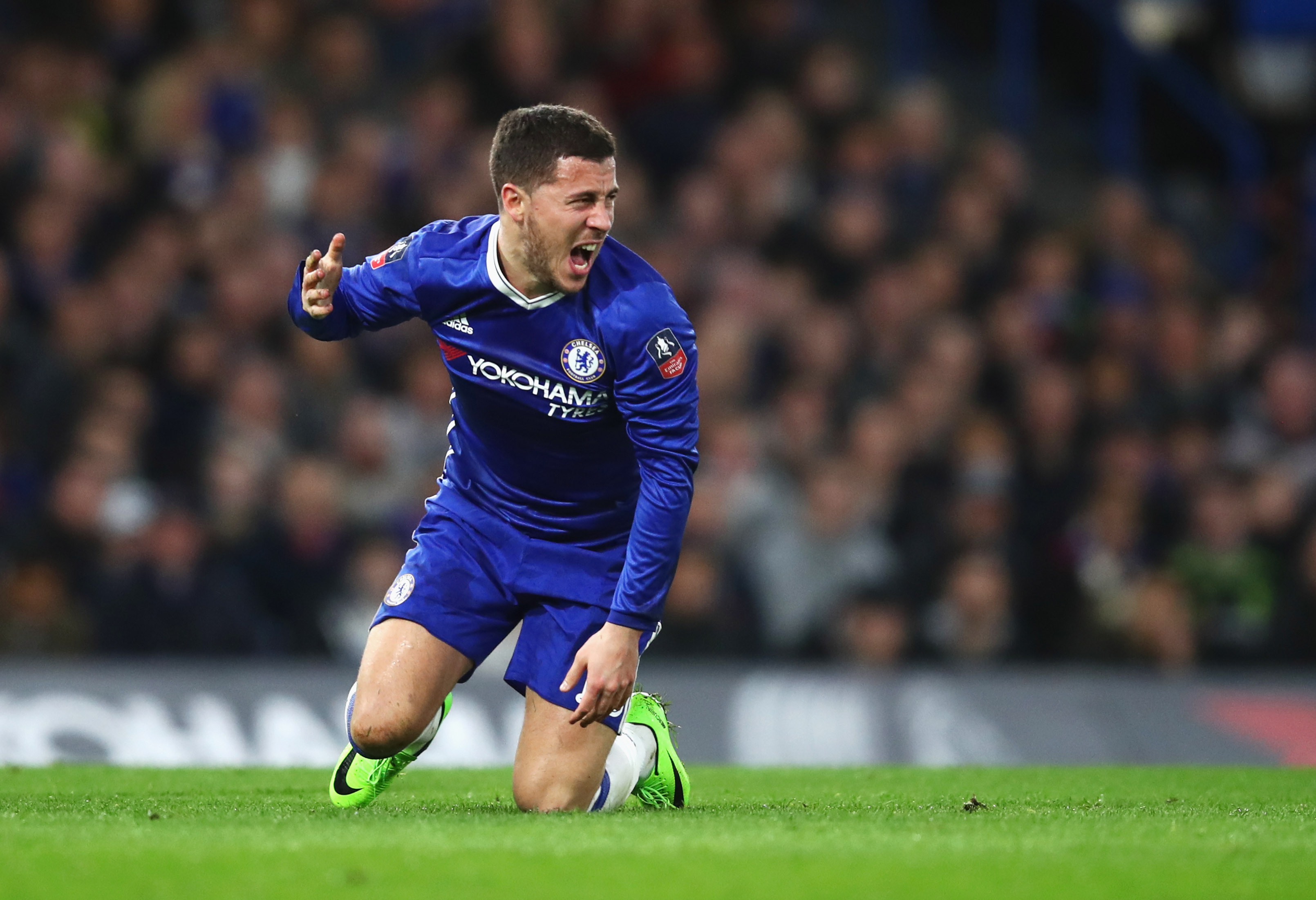 LONDON, ENGLAND - MARCH 13: Eden Hazard of Chelsea reacts during The Emirates FA Cup Quarter-Final match between Chelsea and Manchester United at Stamford Bridge on March 13, 2017 in London, England. (Photo by Julian Finney/Getty Images)