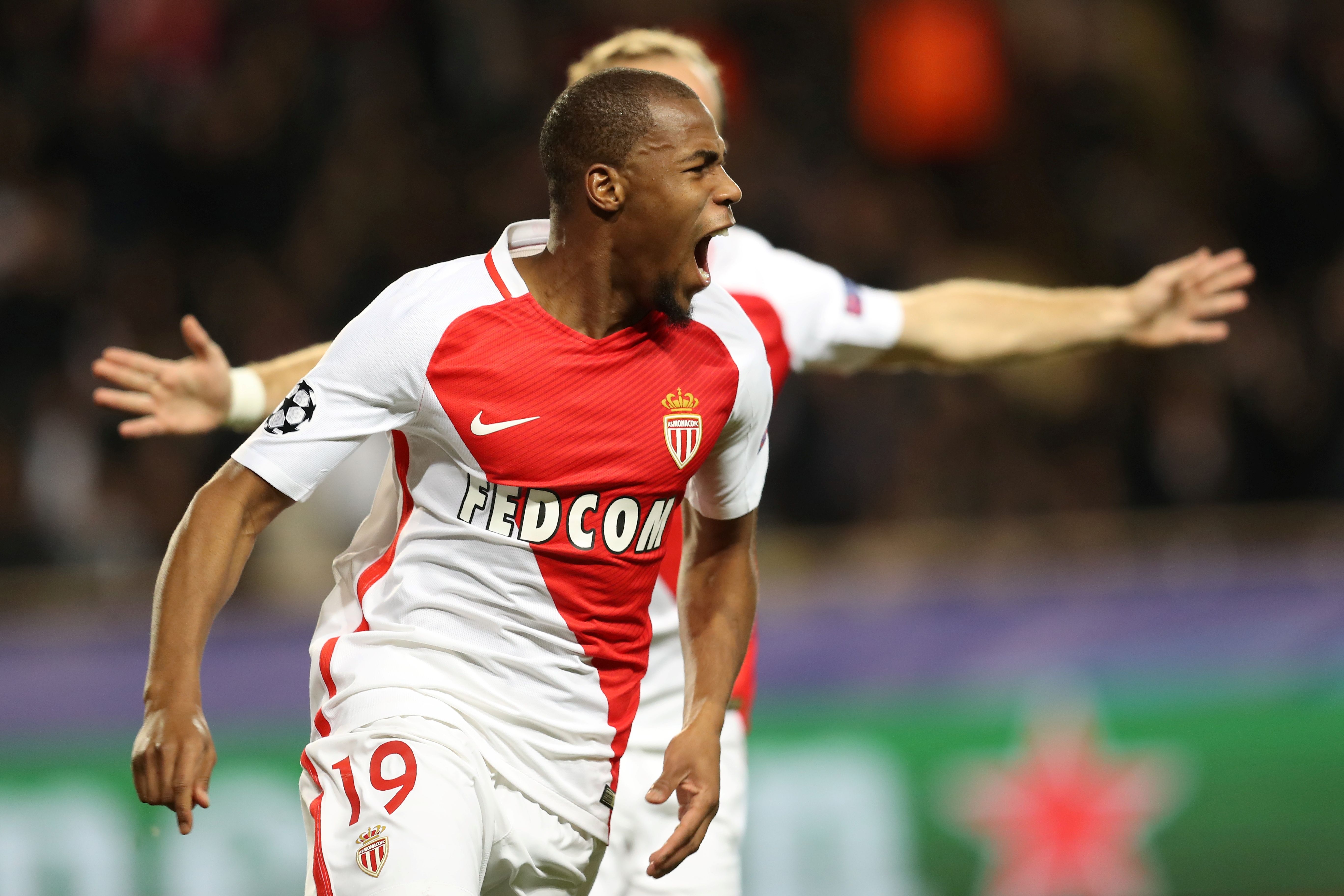 Monaco's French defender Djibril Sidibe celebrates after scoring their first goal during the UEFA Champions League group E football match AS Monaco and Tottenham Hotspur FC at the Louis II stadium in Monaco on November 22, 2016. / AFP / Valery HACHE (Photo credit should read VALERY HACHE/AFP/Getty Images)