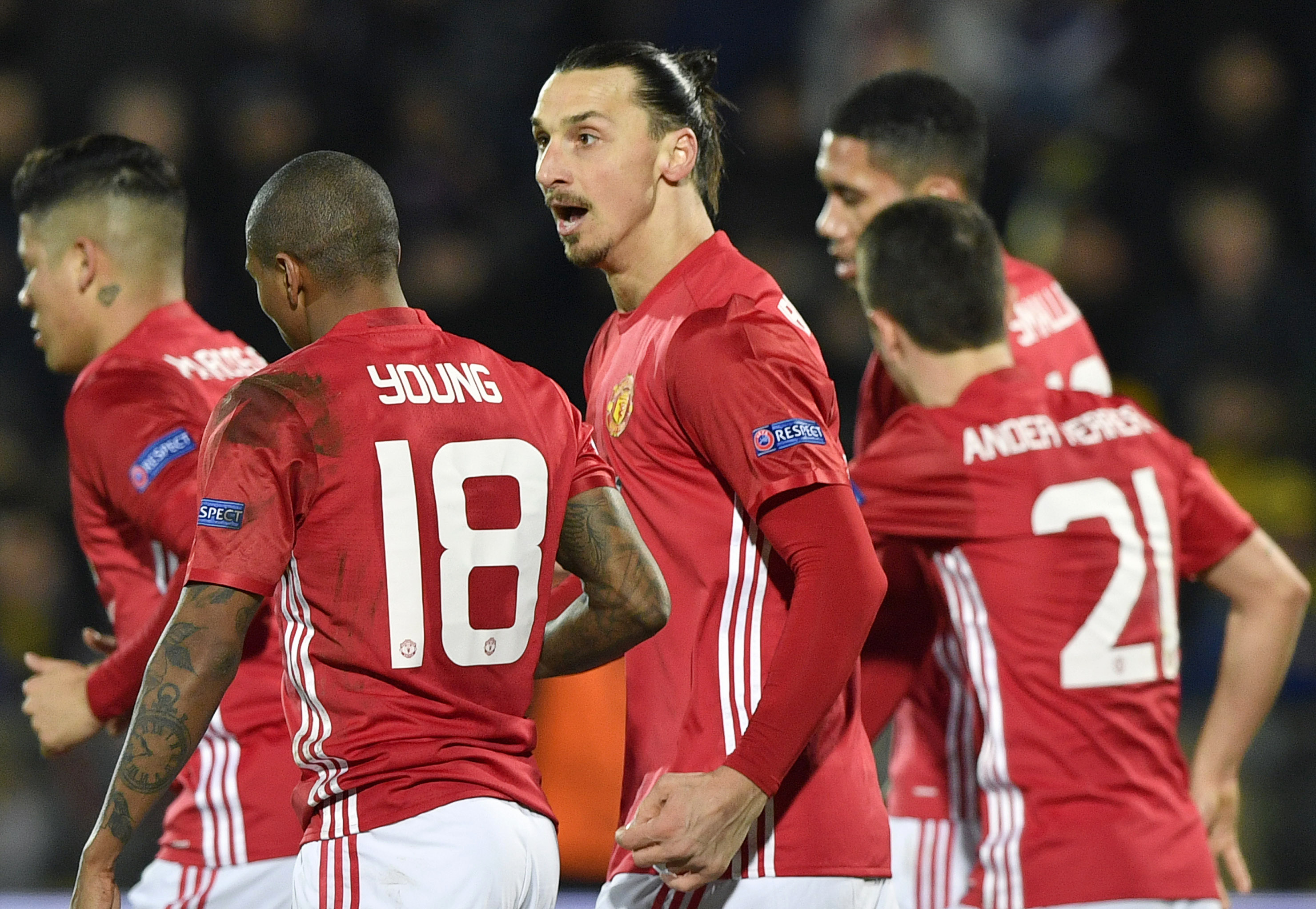Manchester United's Swedish forward Zlatan Ibrahimovic (C) celebrates with teammates after scoring a goal during the UEFA Europa League round of 16 football match between Rostov and Manchester United at Olimp-2 Arena in Rostov-on-Don on March 9, 2017. / AFP PHOTO / Alexander NEMENOV (Photo credit should read ALEXANDER NEMENOV/AFP/Getty Images)