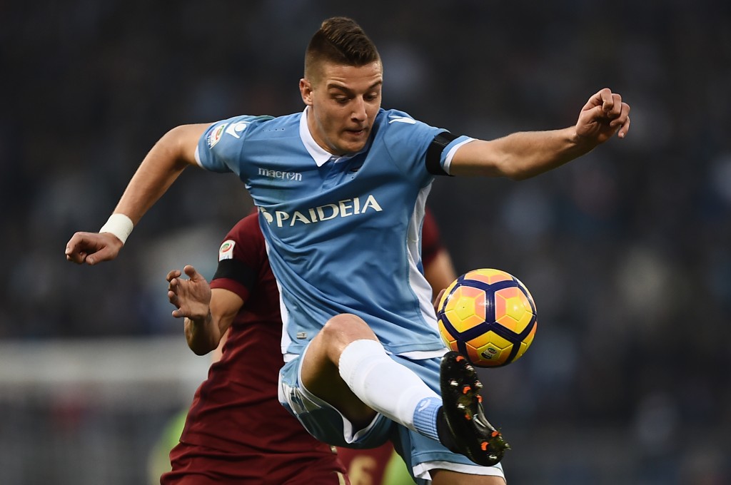 Lazio's midfielder from Serbia Sergej Milinkovic-Savic controls the ball during the Italian Serie A football match SS Lazio vs AS Roma on December 4, 2016 at the Olympic stadium in Rome. / AFP / FILIPPO MONTEFORTE (Photo credit should read FILIPPO MONTEFORTE/AFP/Getty Images)
