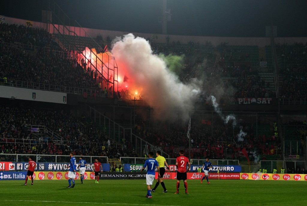 PALERMO, ITALY - MARCH 24: Albania's supporters throw smoke bombs and flares during the FIFA 2018 World Cup Qualifier between Italy and Albania at Stadio Renzo Barbera on March 24, 2017 in Palermo, . (Photo by Claudio Villa/Getty Images)