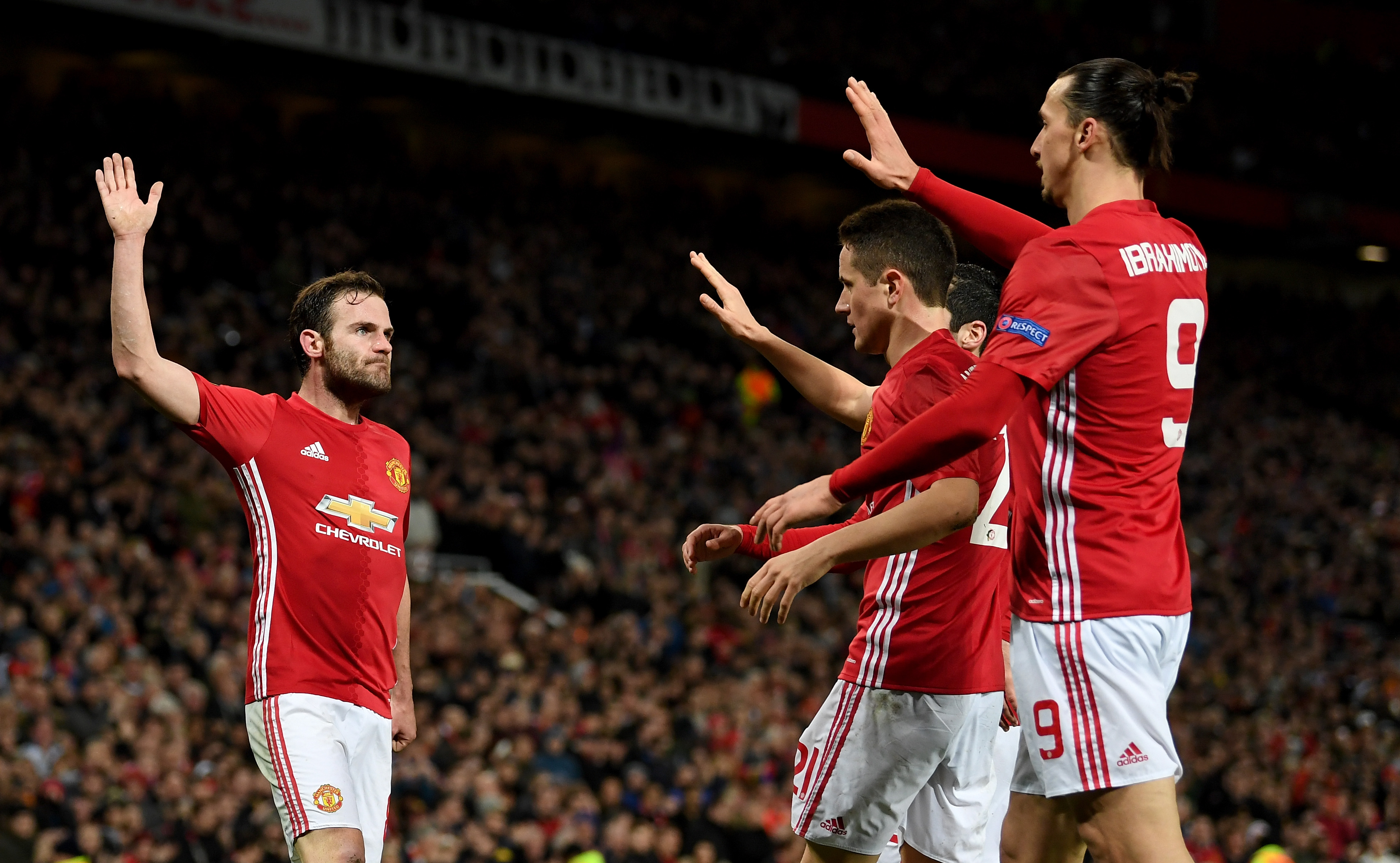 MANCHESTER, ENGLAND - MARCH 16: Juan Mata of Manchester is congratulated after scoring the opening goal during the UEFA Europa League Round of 16 second leg match between Manchester United and FK Rostov at Old Trafford on March 16, 2017 in Manchester, United Kingdom. (Photo by Ross Kinnaird/Getty Images)