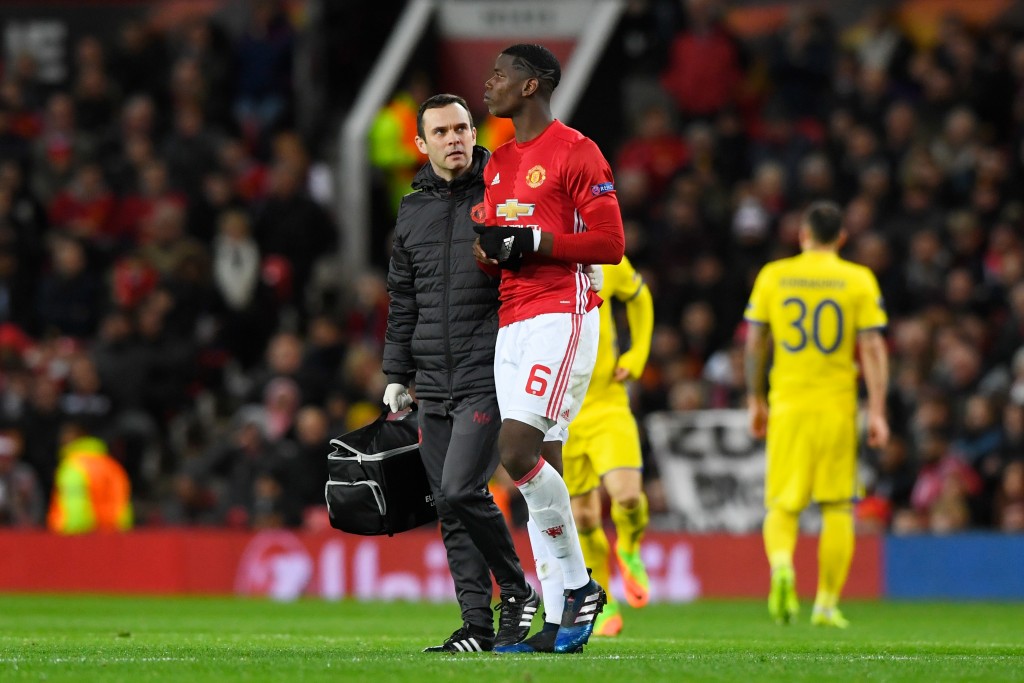 MANCHESTER, ENGLAND - MARCH 16: Paul Pogba of Manchester United leaves the pitch due to injury during the UEFA Europa League Round of 16, second leg match between Manchester United and FK Rostov at Old Trafford on March 16, 2017 in Manchester, United Kingdom. (Photo by Stu Forster/Getty Images)