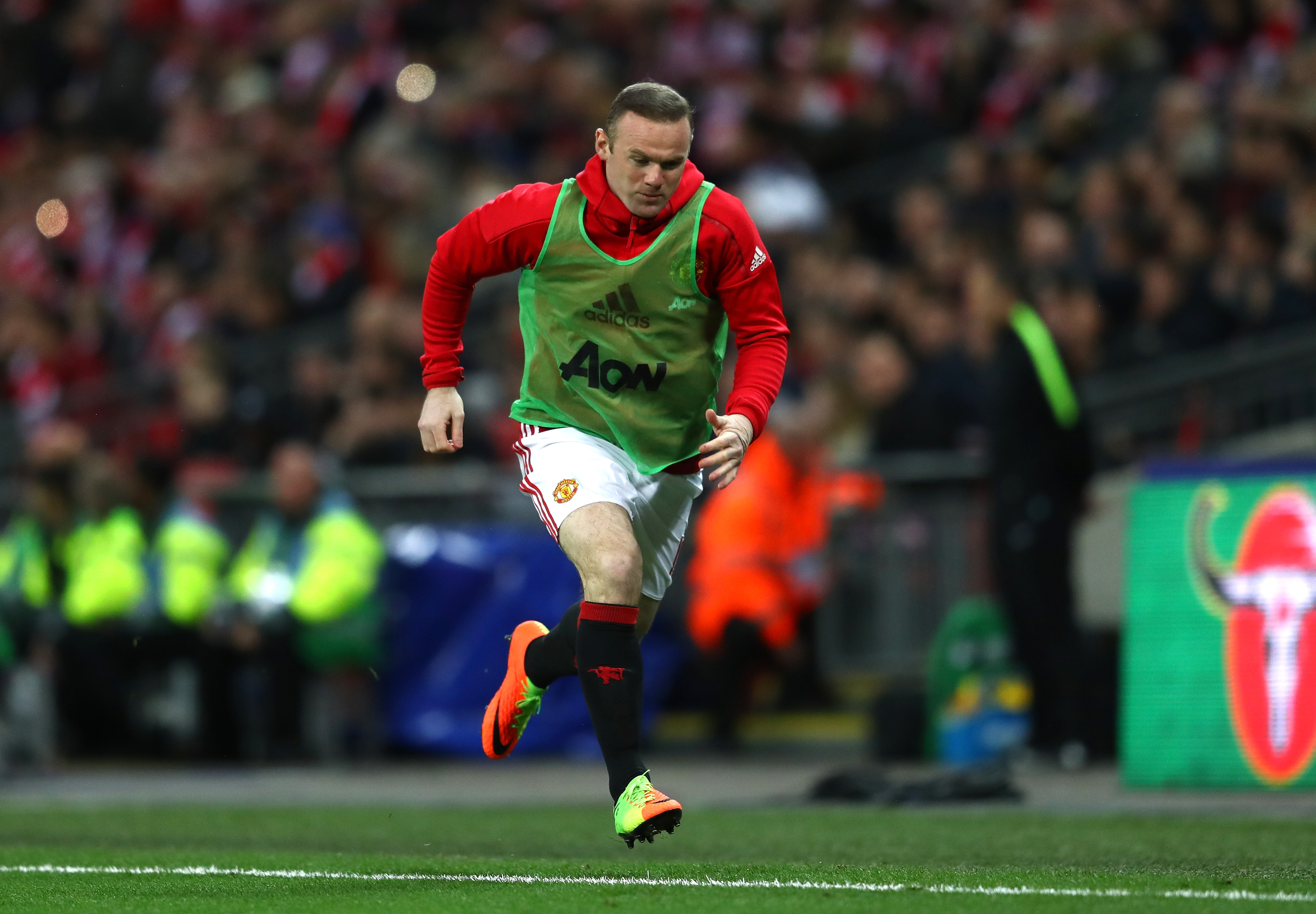 LONDON, ENGLAND - FEBRUARY 26: Wayne Rooney of Manchester United warms up during the EFL Cup Final match between Manchester United and Southampton at Wembley Stadium on February 26, 2017 in London, England. (Photo by Michael Steele/Getty Images)