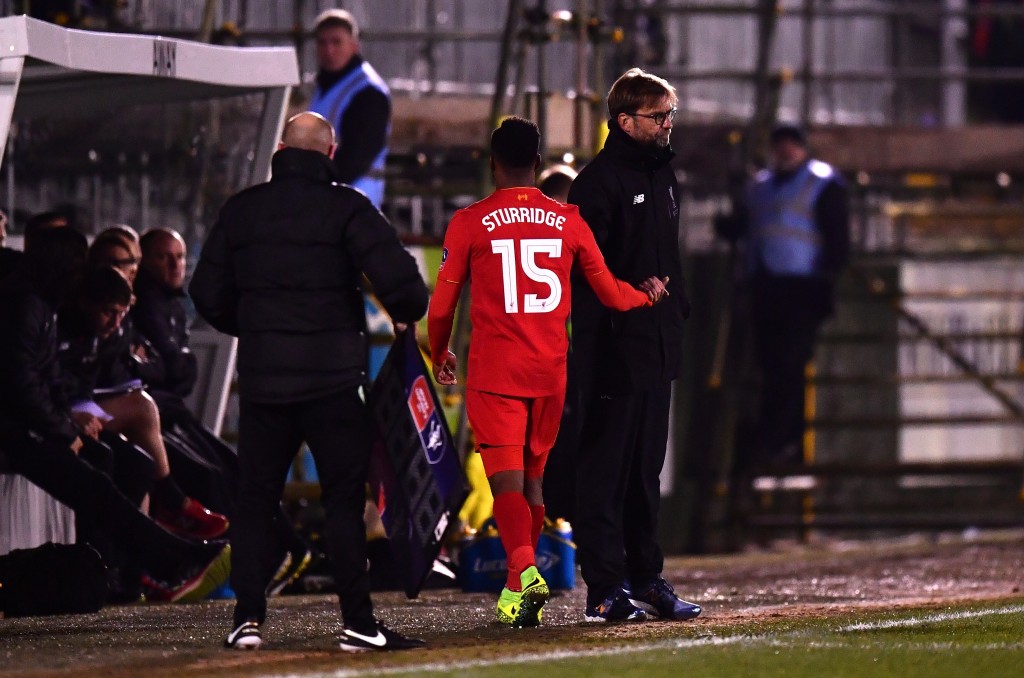 PLYMOUTH, ENGLAND - JANUARY 18: Jurgen Klopp, manager of Liverpool shakes hands with Daniel Sturridge of Liverpool as he is substituted during The Emirates FA Cup Third Round Replay match between Plymouth Argyle and Liverpool at Home Park on January 18, 2017 in Plymouth, England. (Photo by Dan Mullan/Getty Images)