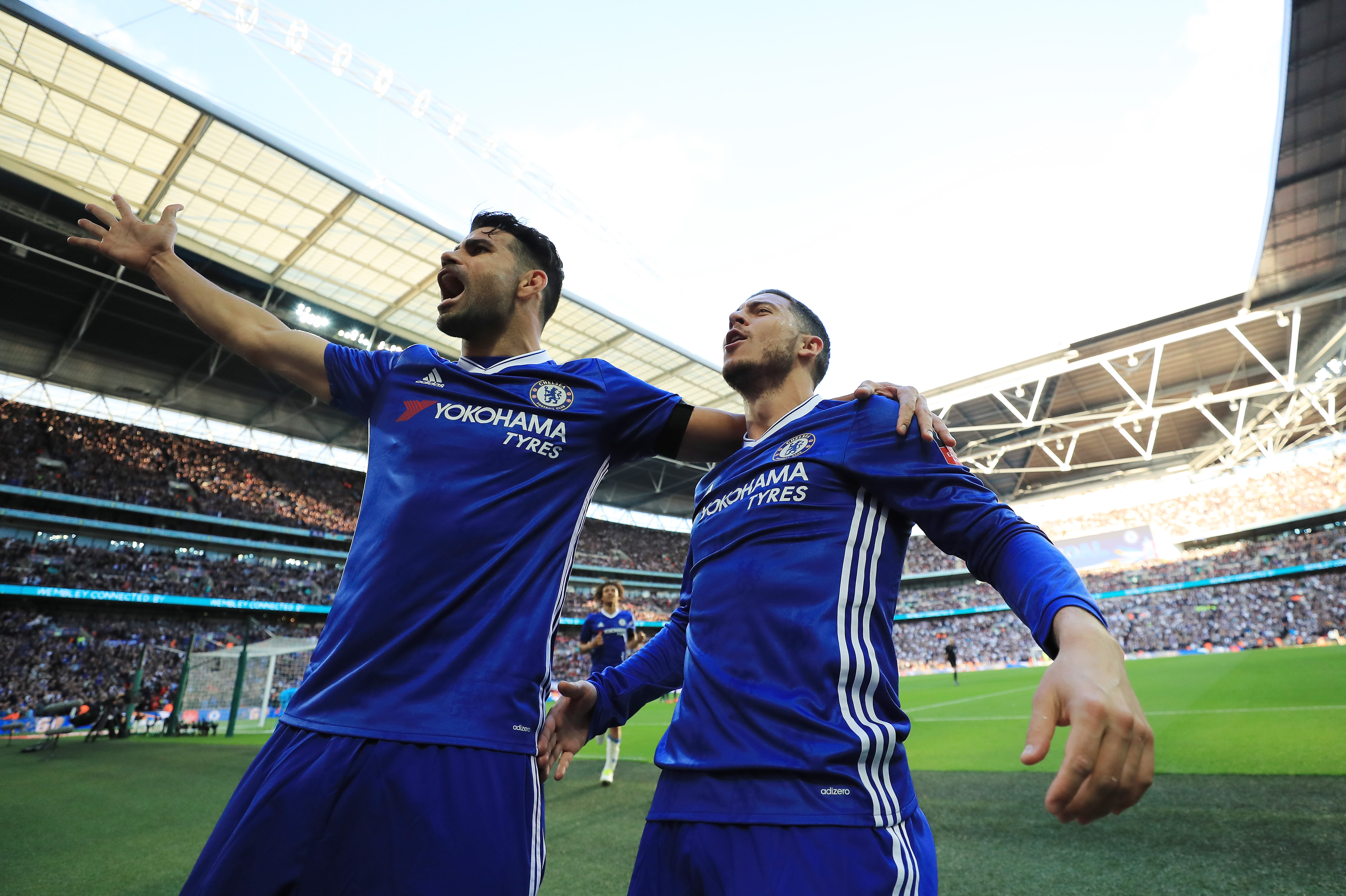 LONDON, ENGLAND - APRIL 22: Eden Hazard of Chelsea celebrates scoring his sides third goal with Diego Costa of Chelsea during The Emirates FA Cup Semi-Final between Chelsea and Tottenham Hotspur at Wembley Stadium on April 22, 2017 in London, England. (Photo by Richard Heathcote/Getty Images)