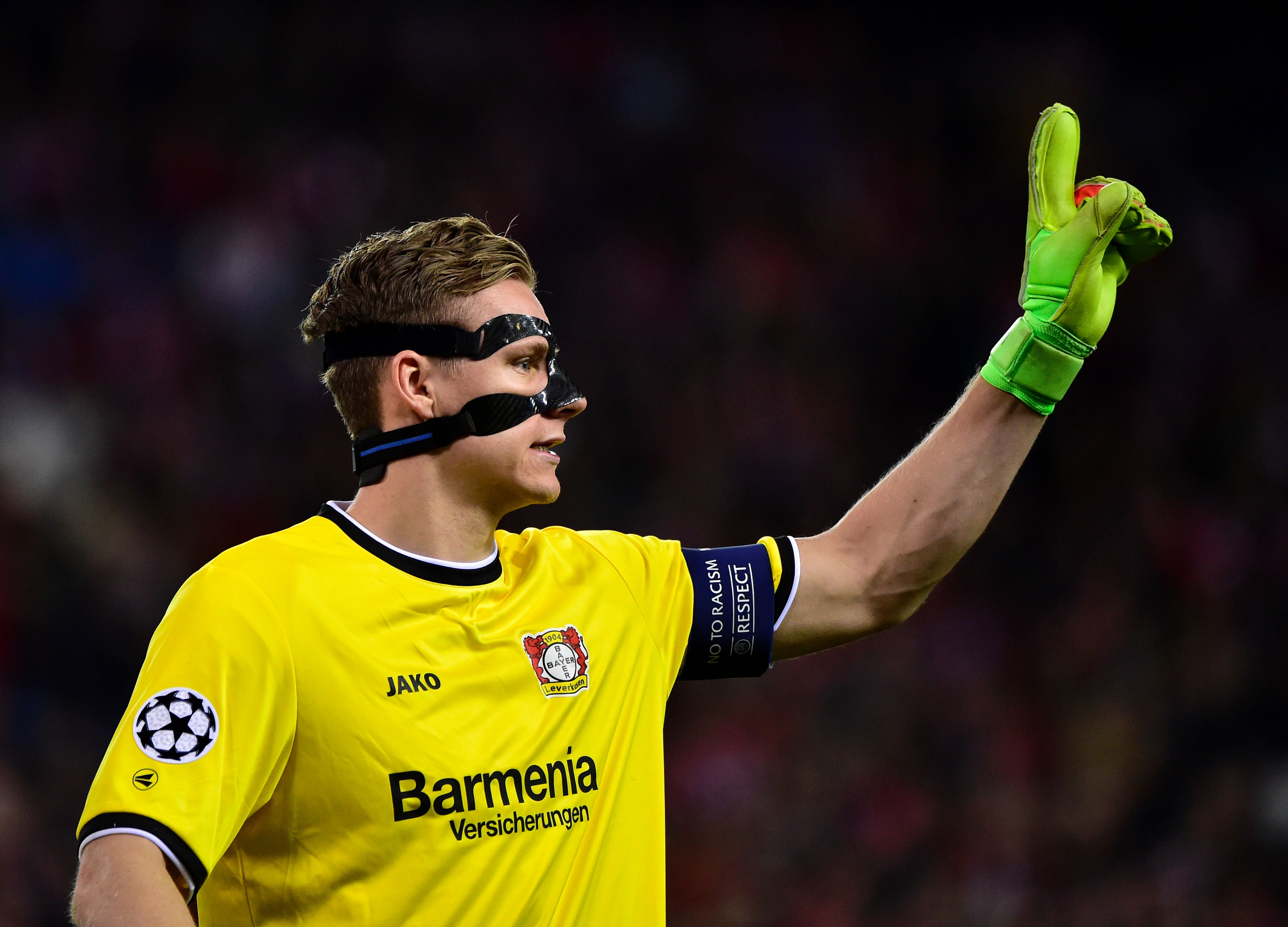 Leverkusen's goalkeeper Bernd Leno gestures during the UEFA Champions League round of 16 second leg football match Club Atletico de Madrid vs Bayer Leverkusen at the Vicente Calderon stadium in Madrid on March 15, 2017. / AFP PHOTO / GERARD JULIEN (Photo credit should read GERARD JULIEN/AFP/Getty Images)