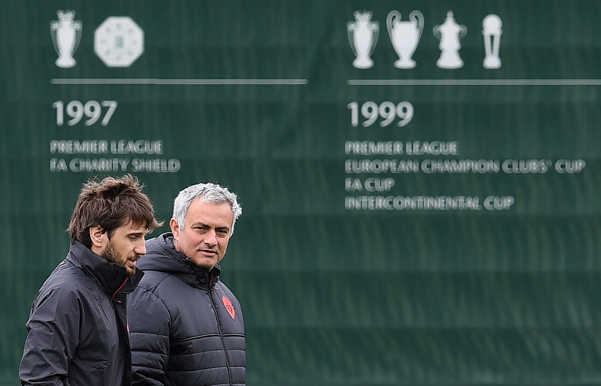 Manchester United's Portuguese manager Jose Mourinho (R) arrives to take a team training session at their Carrington base in Manchester, north west England, on April 12, 2017, on the eve of their UEFA Europa League quarter-final football match against Anderlecht. / AFP PHOTO / Paul ELLIS (Photo credit should read PAUL ELLIS/AFP/Getty Images)