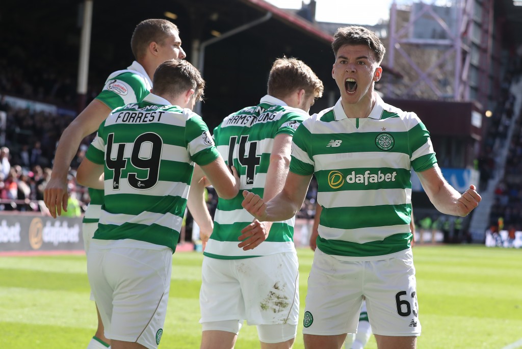 EDINBURGH, SCOTLAND - APRIL 02: Kieran Tierney of Celtic celebrates after Stuart Armstrong of Celtic scores his team's third goal during the Ladbrokes Premiership match between Hearts and Celtic at Tynecastle Stadium on April 2, 2017 in Edinburgh, Scotland. (Photo by Ian MacNicol/Getty Images)