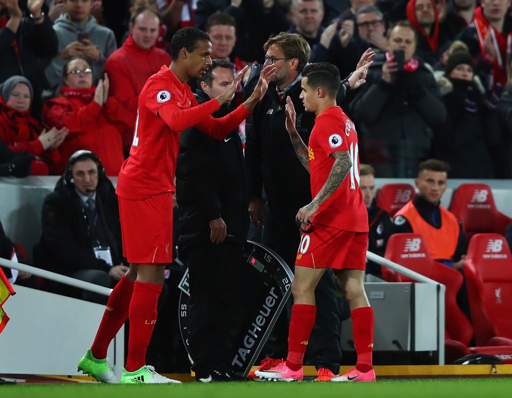 LIVERPOOL, ENGLAND - APRIL 05: Joel Matip of Liverpool replaces Philippe Coutinho of Liverpool during the Premier League match between Liverpool and AFC Bournemouth at Anfield on April 5, 2017 in Liverpool, England. (Photo by Clive Brunskill/Getty Images)