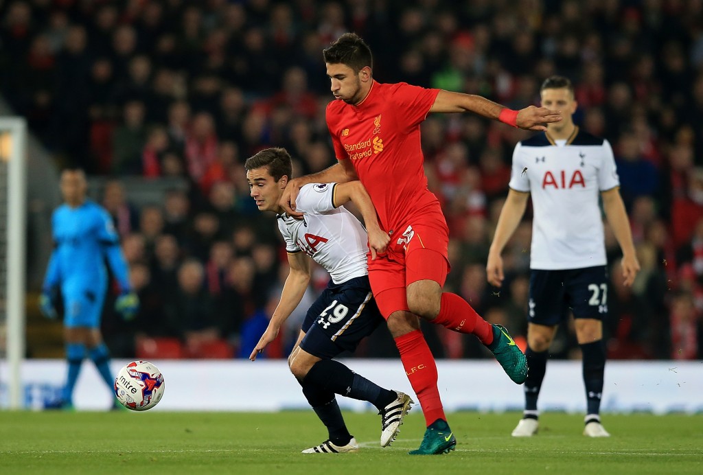 LIVERPOOL, ENGLAND - OCTOBER 25: Harry Winks of Tottenham battles with Marko Grujic of Liverpool during the EFL Cup fourth round match between Liverpool and Tottenham Hotspur at Anfield on October 25, 2016 in Liverpool, England. (Photo by Jan Kruger/Getty Images)