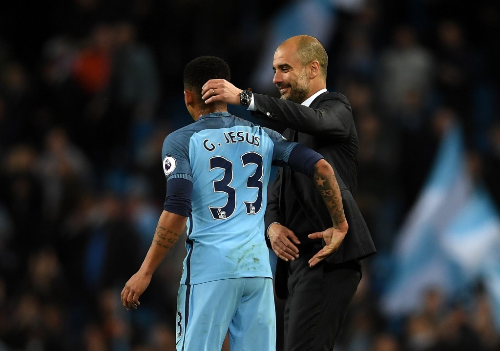 MANCHESTER, ENGLAND - APRIL 27: Josep Guardiola, Manager of Manchester City and Gabriel Jesus of Manchester City speak after the full time whistle during the Premier League match between Manchester City and Manchester United at Etihad Stadium on April 27, 2017 in Manchester, England. (Photo by Laurence Griffiths/Getty Images)