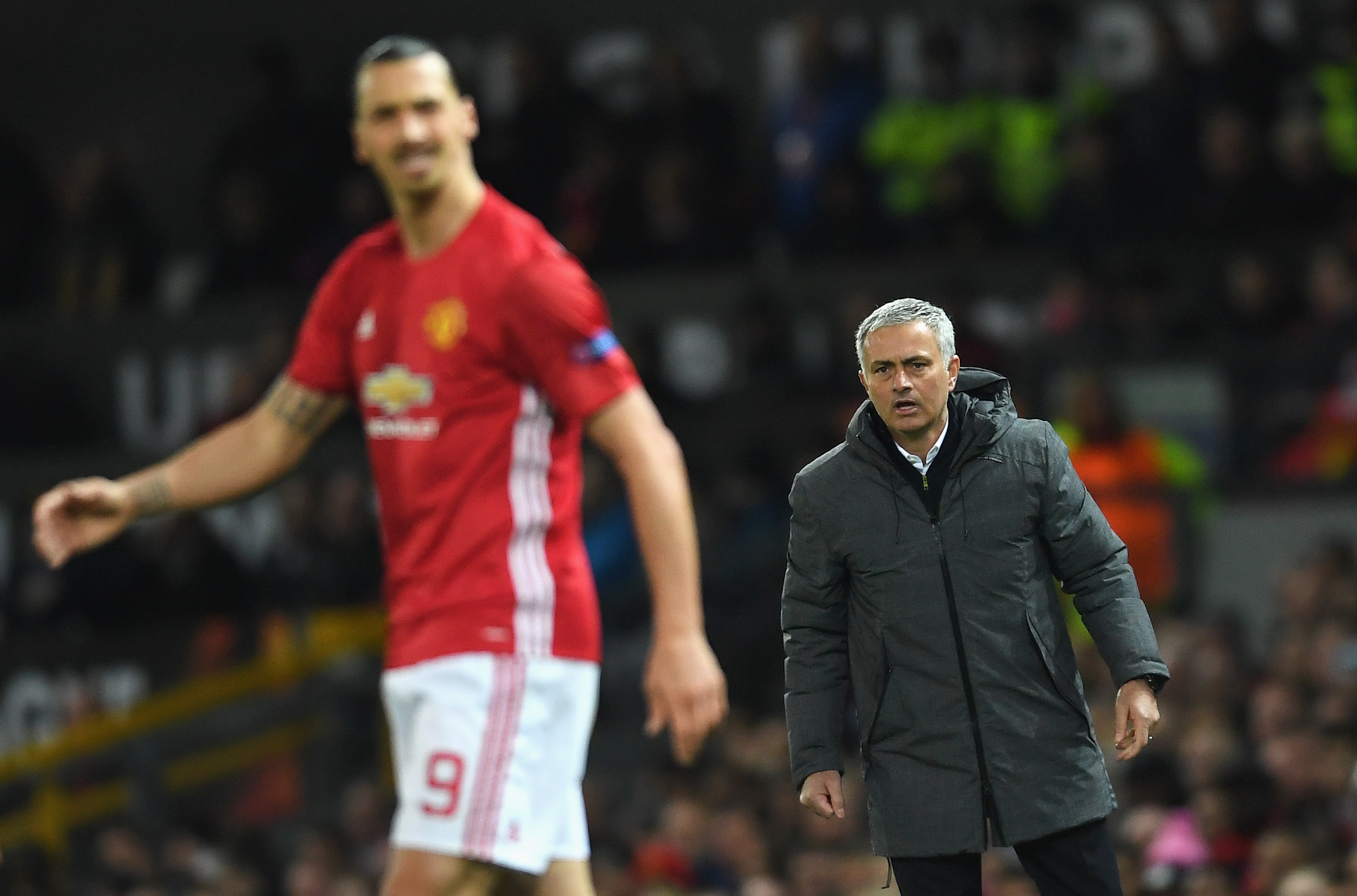 MANCHESTER, ENGLAND - APRIL 20: Jose Mourinho manager of Manchester United looks towards Zlatan Ibrahimovic of Manchester United during the UEFA Europa League quarter final second leg match between Manchester United and RSC Anderlecht at Old Trafford on April 20, 2017 in Manchester, United Kingdom. (Photo by Laurence Griffiths/Getty Images)