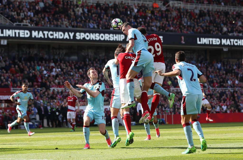 MIDDLESBROUGH, ENGLAND - APRIL 08: Michael Keane of Burnley heads towards goal during the Premier League match between Middlesbrough and Burnley at Riverside Stadium on April 8, 2017 in Middlesbrough, England. (Photo by Ian MacNicol/Getty Images)
