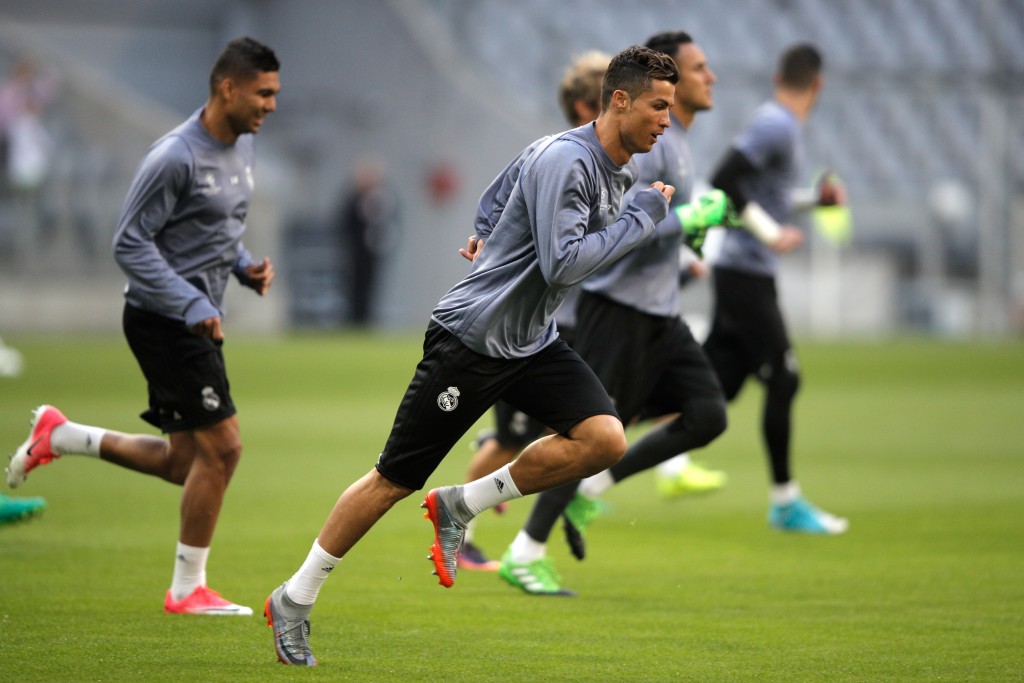 MUNICH, GERMANY - APRIL 11: Cristiano Ronaldo in action during a Real Madrid training session ahead of their UEFA Champions League Quarter-Final match against Bayern Muenchen at Allianz Arena on April 11, 2017 in Munich, Germany. (Photo by Adam Pretty/Bongarts/Getty Images )