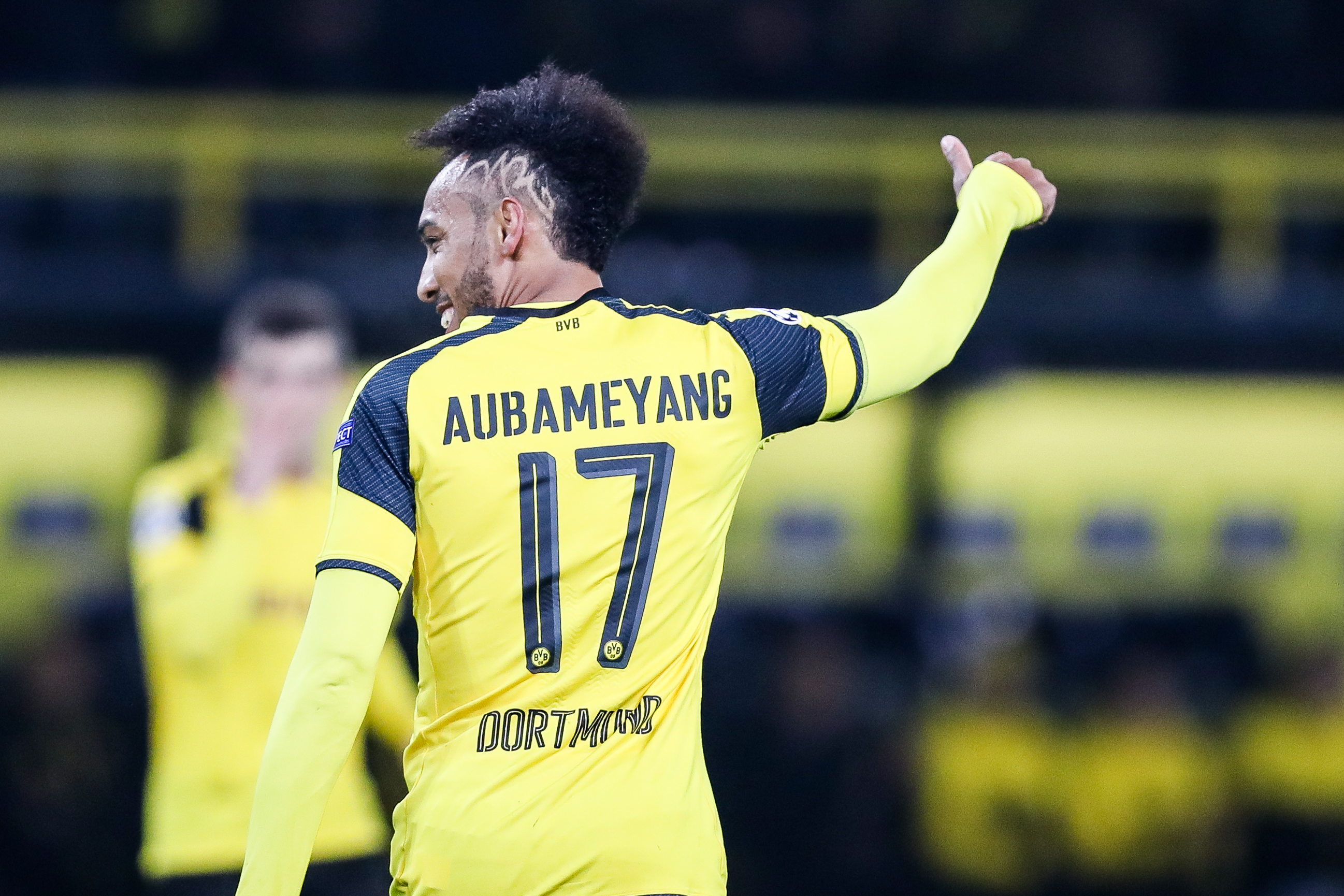 DORTMUND, GERMANY - MARCH 08: Pierre-Emerick Aubameyang of Dortmund reacts during the UEFA Champions League Round of 16 second leg match between Borussia Dortmund and SL Benfica at Signal Iduna Park on March 8, 2017 in Dortmund, Germany. (Photo by Maja Hitij/Bongarts/Getty Images)