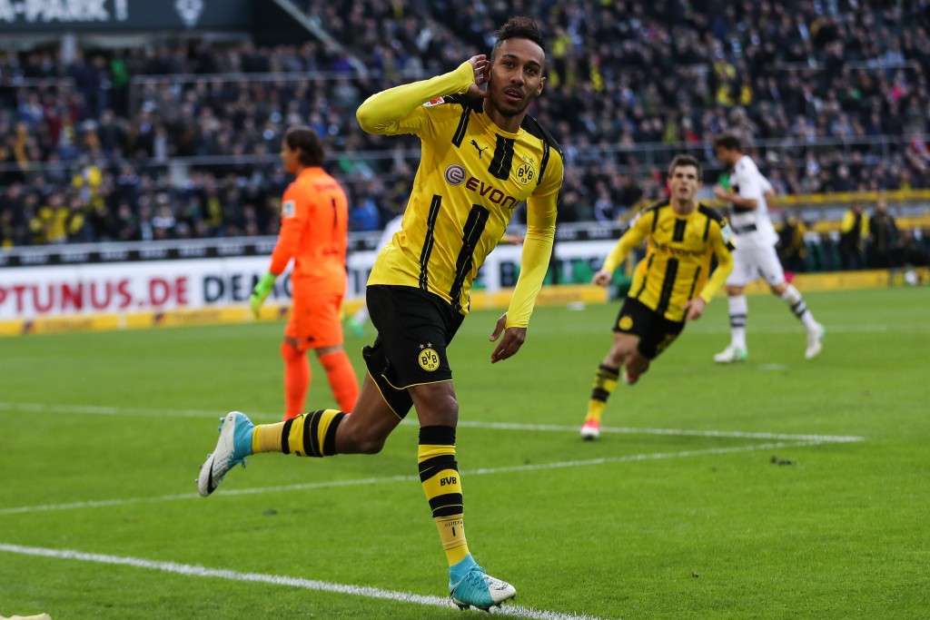 MOENCHENGLADBACH, GERMANY - APRIL 22: Pierre-Emerick Aubameyang of Dortmund celebrates after scoring a goal to make it 2-2 during the Bundesliga match between Borussia Moenchengladbach and Borussia Dortmund at Borussia-Park on April 22, 2017 in Moenchengladbach, Germany. (Photo by Maja Hitij/Bongarts/Getty Images)