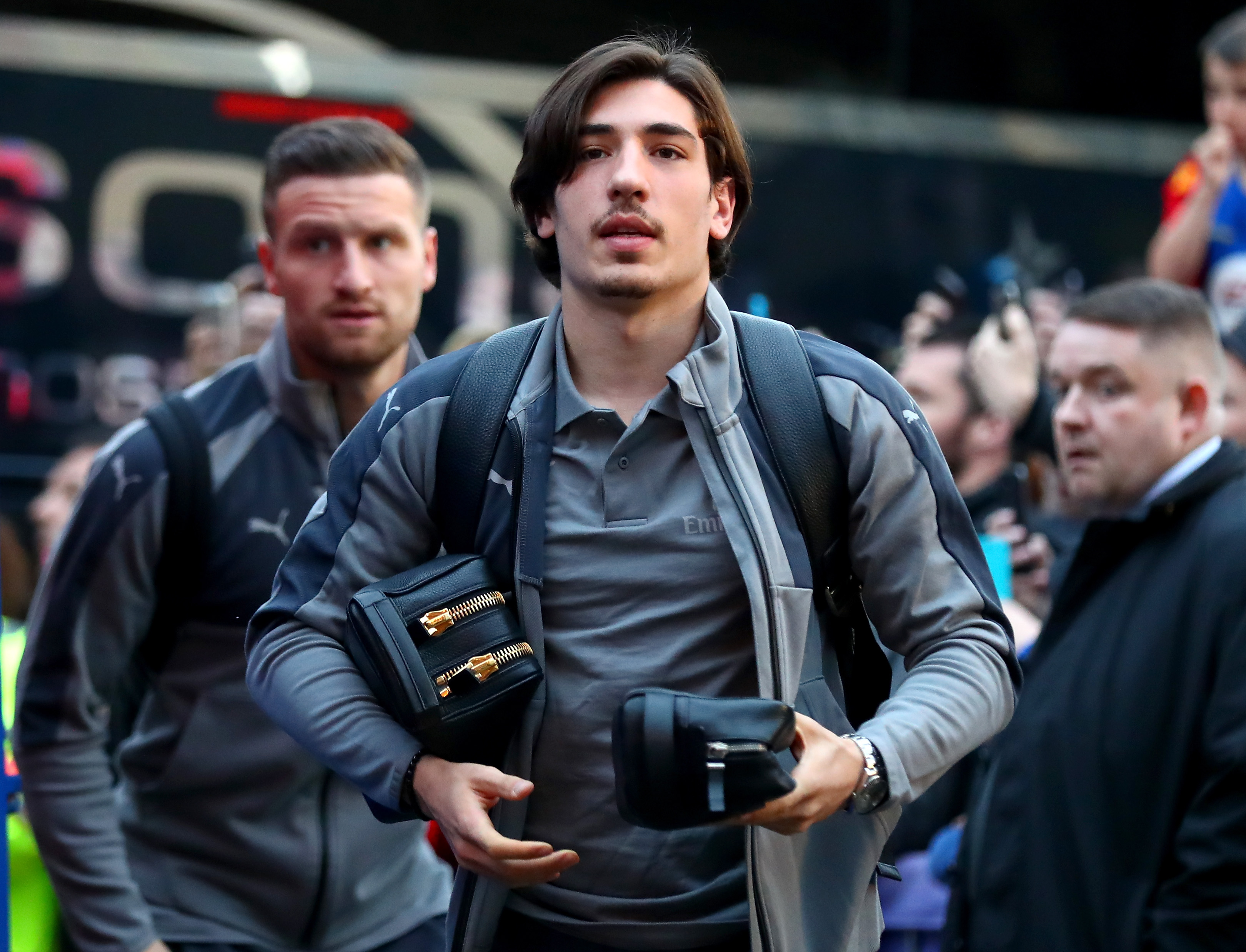 LONDON, ENGLAND - APRIL 10: Hector Bellerin and Shkodran Mustafi of Arsenal arrive prior to the Premier League match between Crystal Palace and Arsenal at Selhurst Park on April 10, 2017 in London, England. (Photo by Clive Rose/Getty Images)