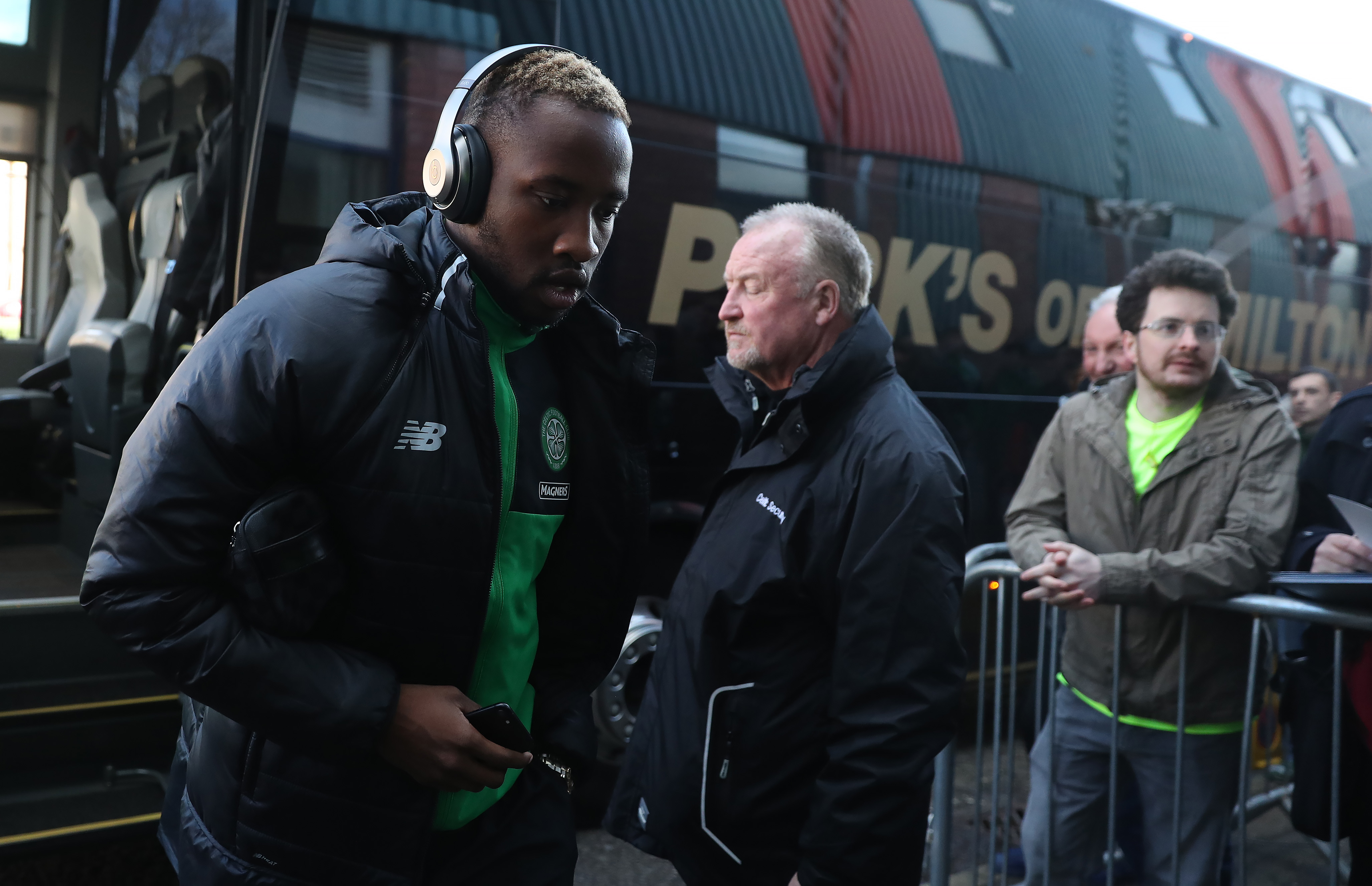 DUNDEE, SCOTLAND - MARCH 19: Moussa Dembele of Celtic arrives at the stadium prior to the Ladbrokes Scottish Premiership match between Dundee and Celtic at Dens Park Stadium on March 19, 2017 in Dundee, Scotland. (Photo by Ian MacNicol/Getty Images)