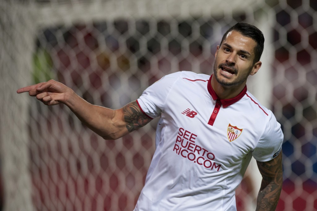 Sevilla's midfielder Vitolo celebrates after scoring during the Spanish league football match Sevilla FC vs FC Barcelona at the Ramon Sanchez Pizjuan stadium in Sevilla on November 6, 2016. / AFP / JORGE GUERRERO (Photo credit should read JORGE GUERRERO/AFP/Getty Images)