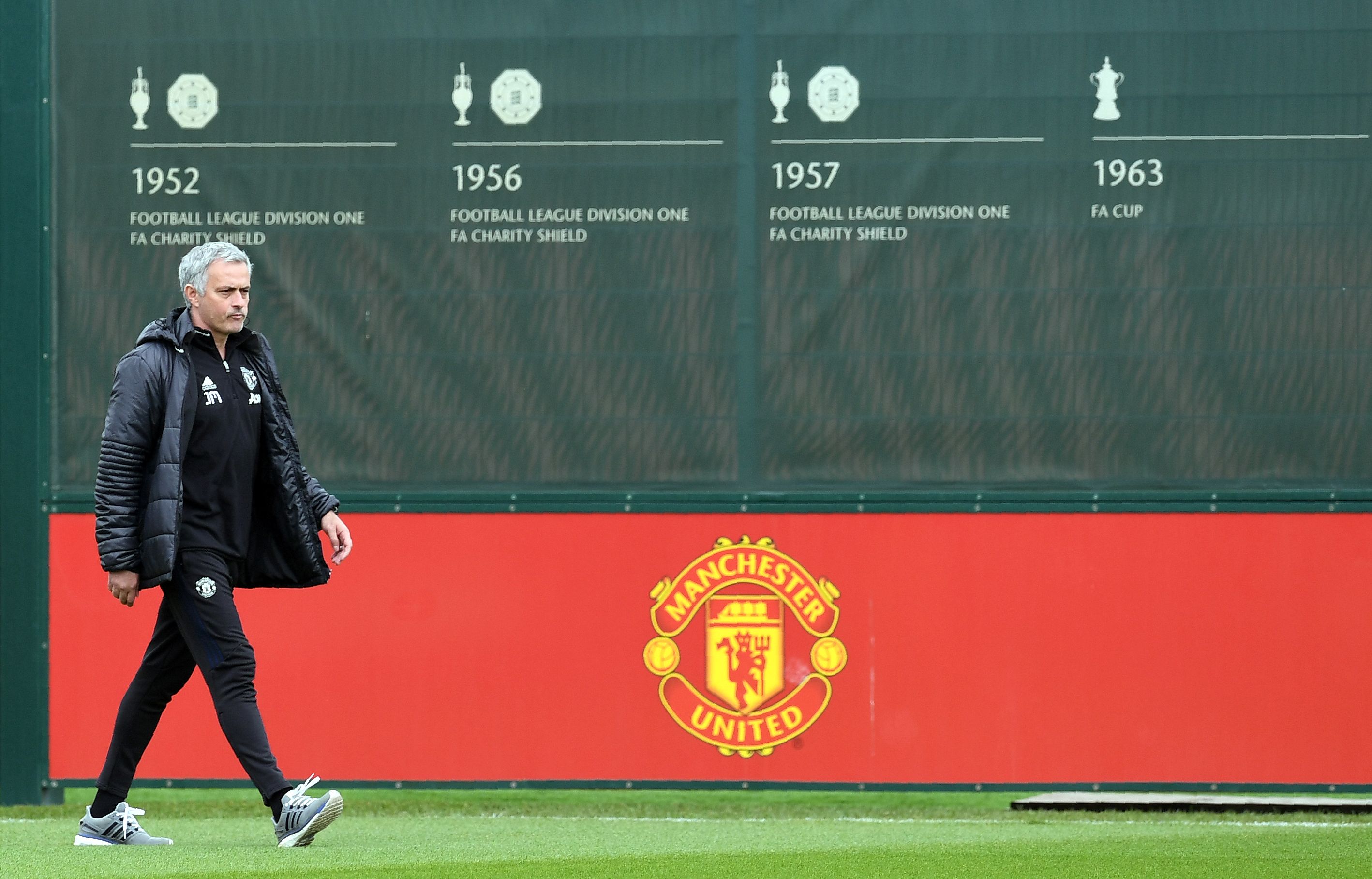 Manchester United's Portuguese manager Jose Mourinho attends a team training session as part of a media open day at the club's training complex near Carrington, west of Manchester in north west England on May 19, 2017, ahead of their UEFA Europa League final football match against Ajax. / AFP PHOTO / Paul ELLIS (Photo credit should read PAUL ELLIS/AFP/Getty Images)