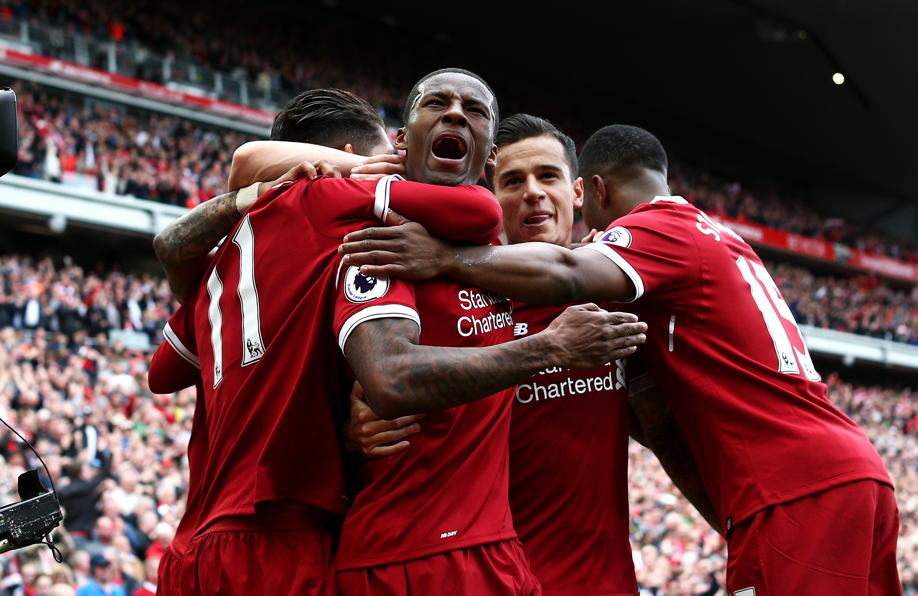 LIVERPOOL, ENGLAND - MAY 21:  Georginio Wijnaldum of Liverpool celebrates scoring his sides first goal during the Premier League match between Liverpool and Middlesbrough at Anfield on May 21, 2017 in Liverpool, England.  (Photo by Jan Kruger/Getty Images)