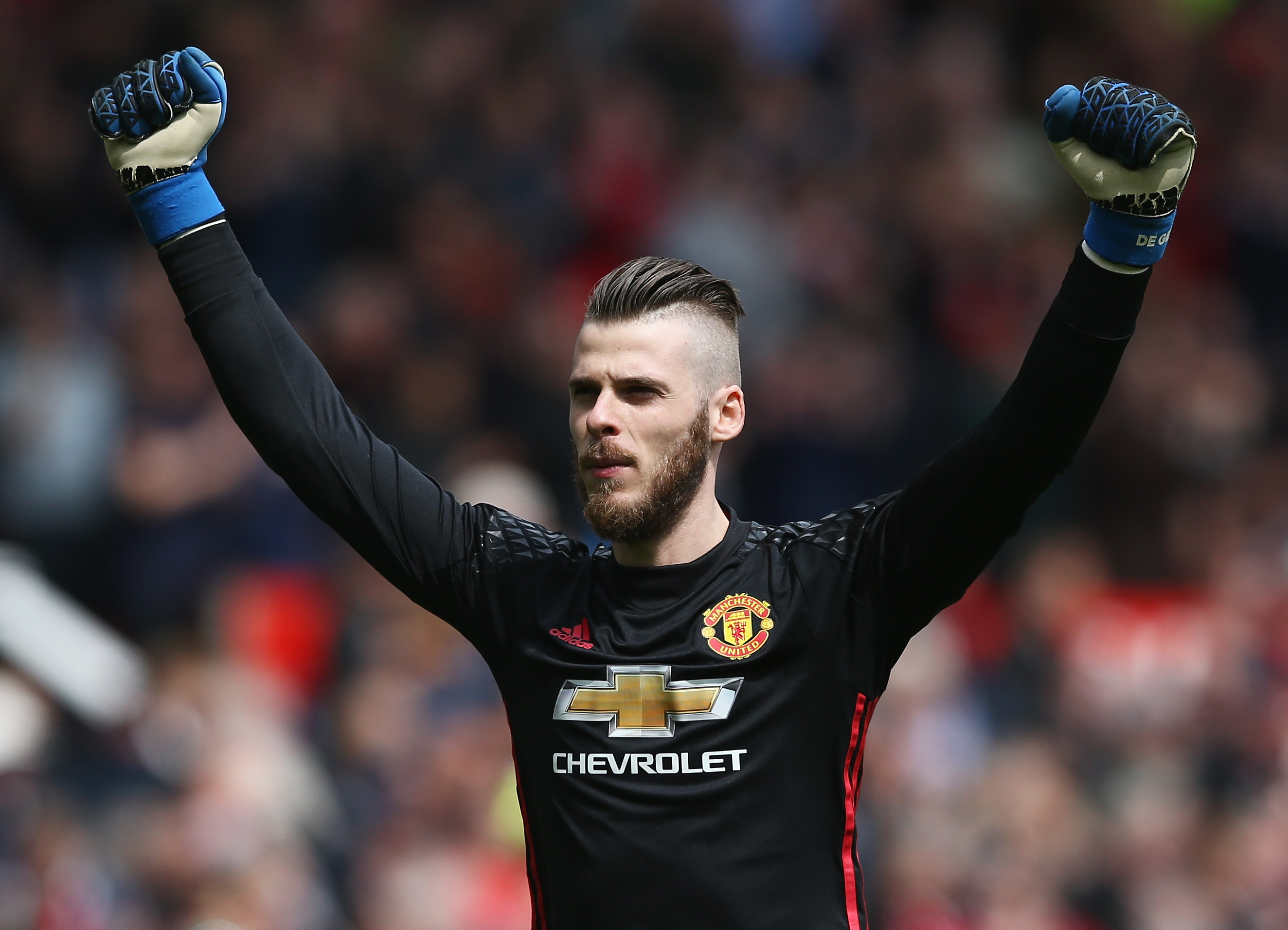MANCHESTER, ENGLAND - APRIL 30:  David De Gea of Manchester United celebrates his sides first goal during the Premier League match between Manchester United and Swansea City at Old Trafford on April 30, 2017 in Manchester, England.  (Photo by Jan Kruger/Getty Images)