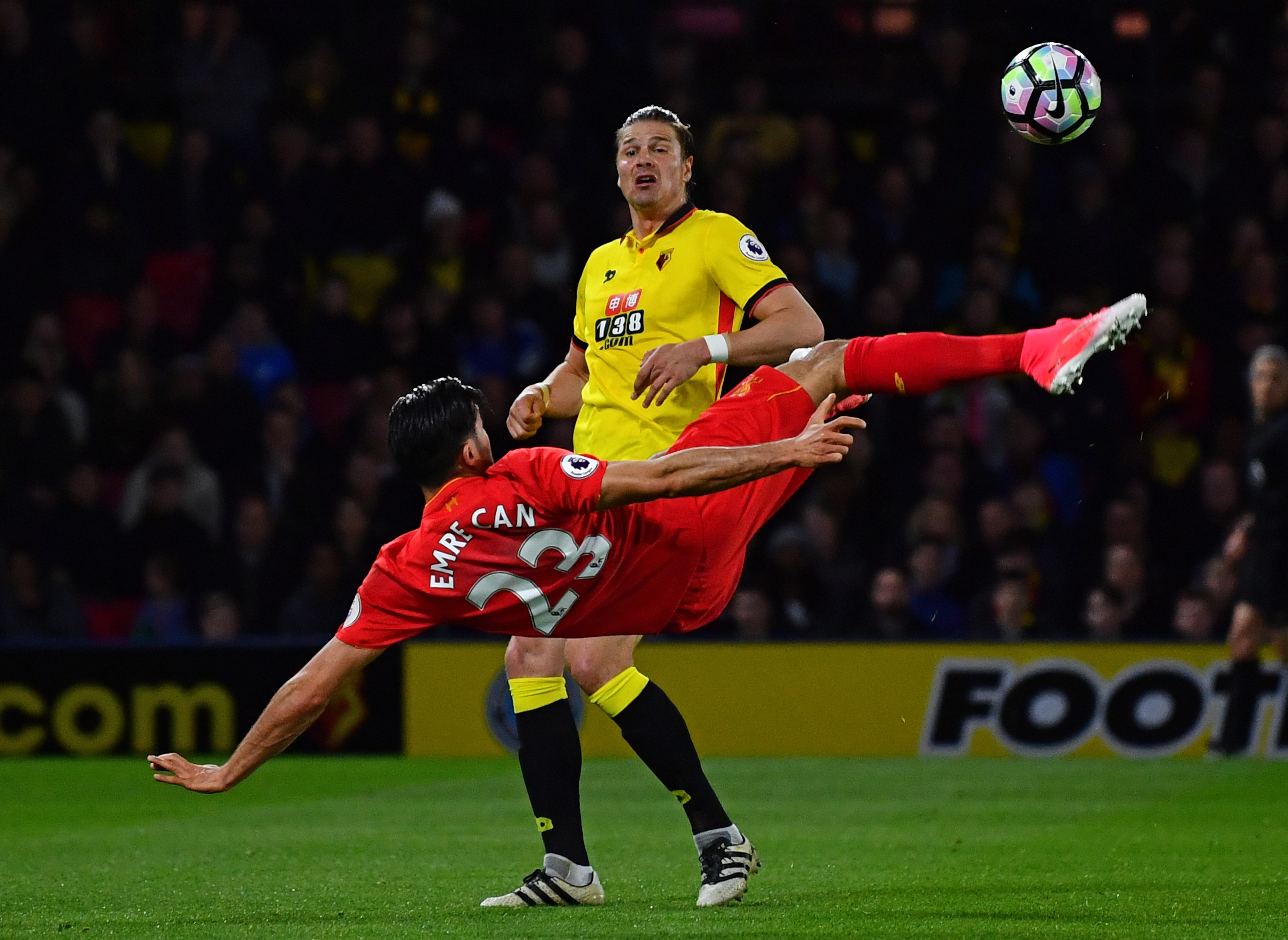 WATFORD, ENGLAND - MAY 01:  Emre Can of Liverpool scores the opening goal during the Premier League match between Watford and Liverpool at Vicarage Road on May 1, 2017 in Watford, England.  (Photo by Dan Mullan/Getty Images)