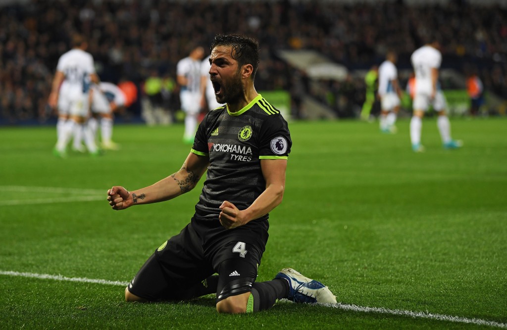WEST BROMWICH, ENGLAND - MAY 12: Cesc Fabregas of Chelsea celebrates his sides first goal during the Premier League match between West Bromwich Albion and Chelsea at The Hawthorns on May 12, 2017 in West Bromwich, England. (Photo by Laurence Griffiths/Getty Images)