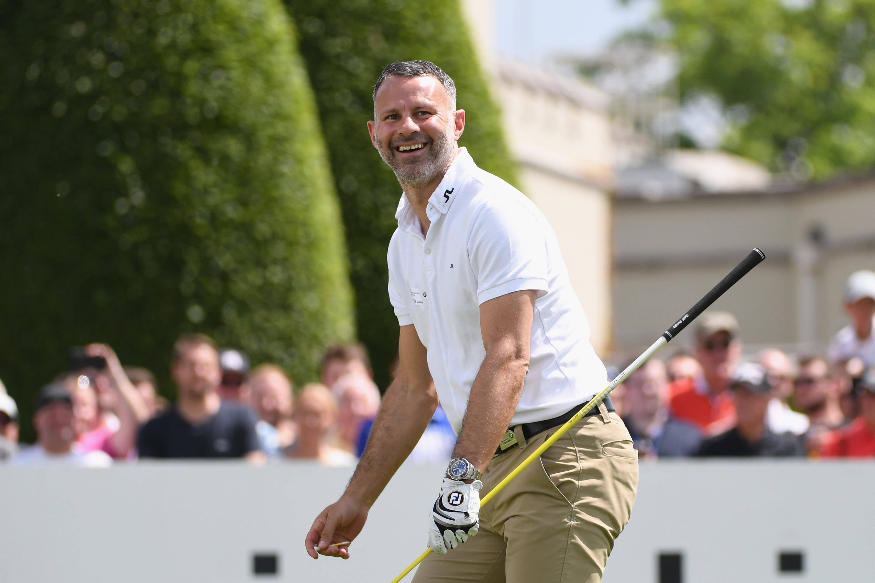 VIRGINIA WATER, ENGLAND - MAY 24: Ryan Giggs tees off on the first hole during the BMW PGA Championship Pro-Am at Wentworth on May 24, 2017 in Virginia Water, England. (Photo by Ross Kinnaird/Getty Images)