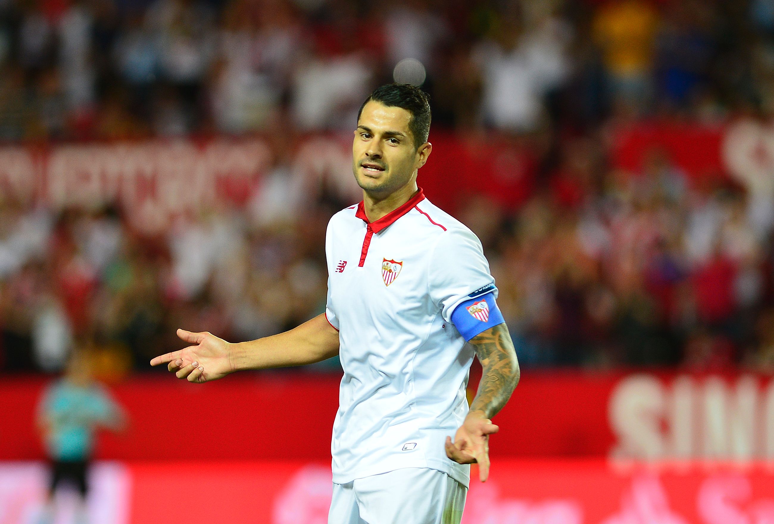 Sevilla's midfielder Vitolo celebrates after scoring a goal during the Spanish league football match Sevilla FC vs CA Osasuna at the Ramon Sanchez Pizjuan stadium in Sevilla on May 20, 2017. / AFP PHOTO / CRISTINA QUICLER (Photo credit should read CRISTINA QUICLER/AFP/Getty Images)
